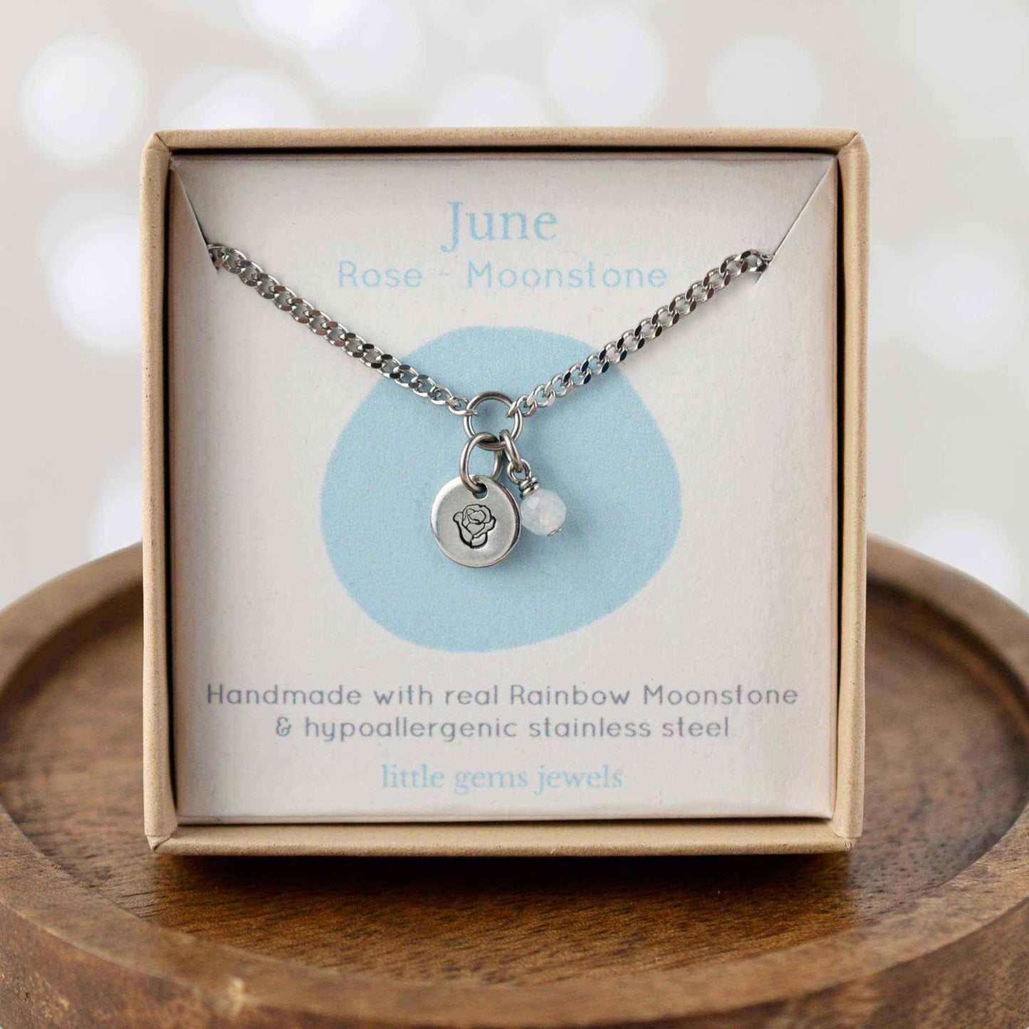 June Rose Birthflower & Rainbow Moonstone gemstone dainty charm necklace in eco-friendly gift box