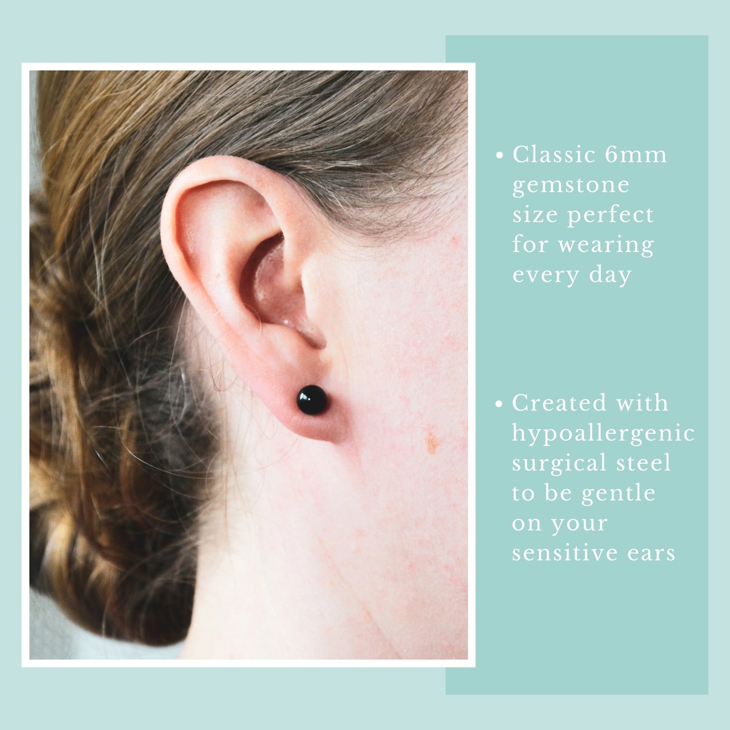 Close-up of an ear wearing a black gemstone earring with product details on a light blue background.