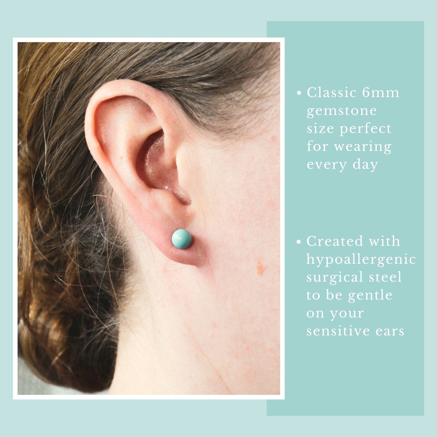Close-up of an ear wearing a turquoise earring with product details on a light blue background