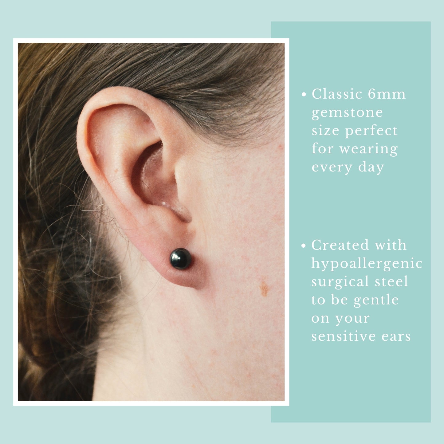 Close-up of an ear wearing a Hematite gemstone earring with product details on a light blue background.