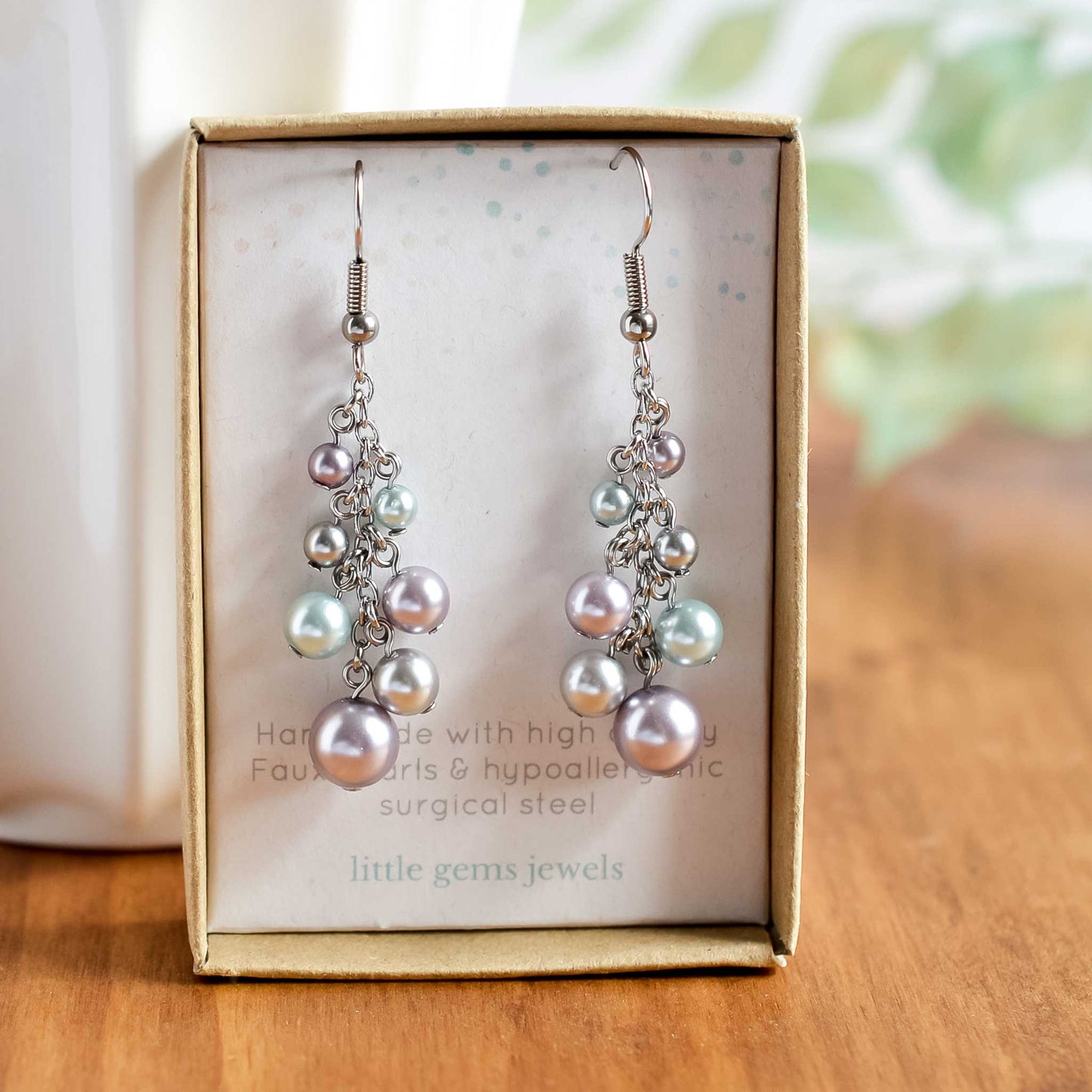 Faux pearl cluster drop earrings in eco friendly gift box