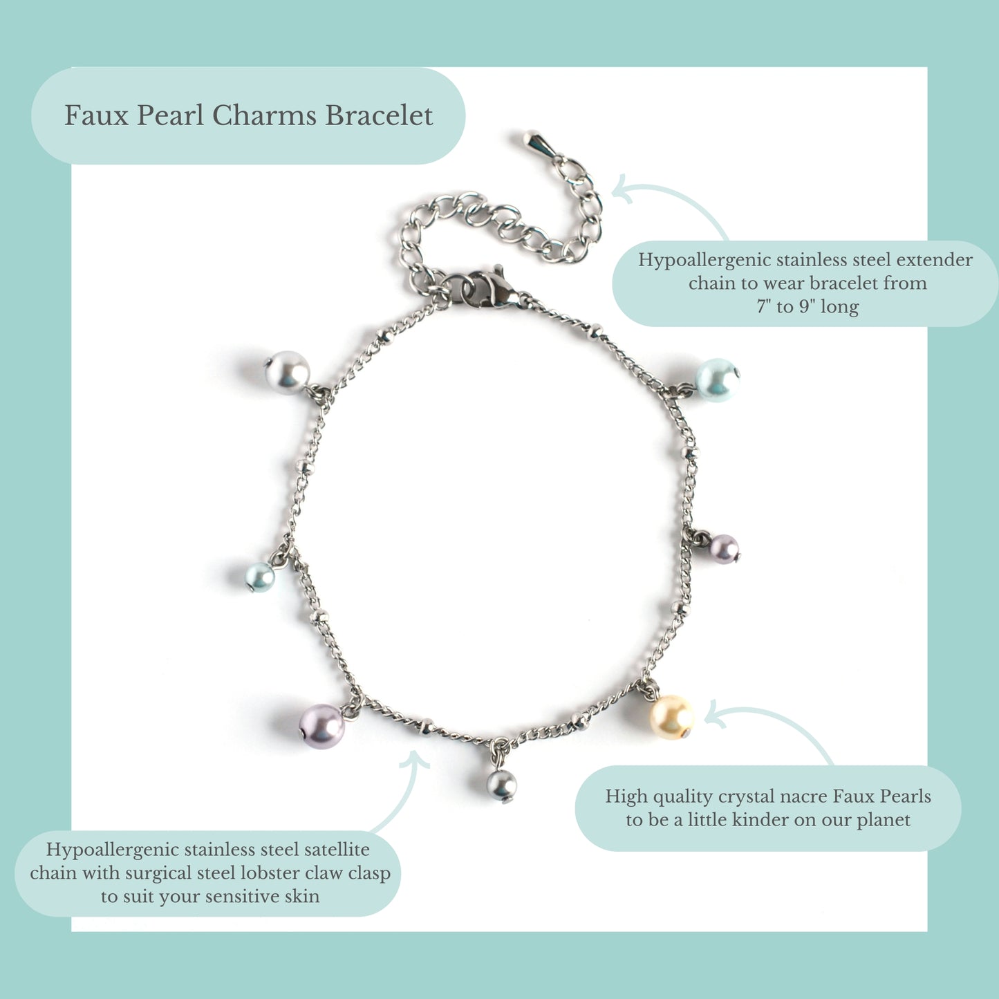 Faux pearl charms bracelet product information graphic