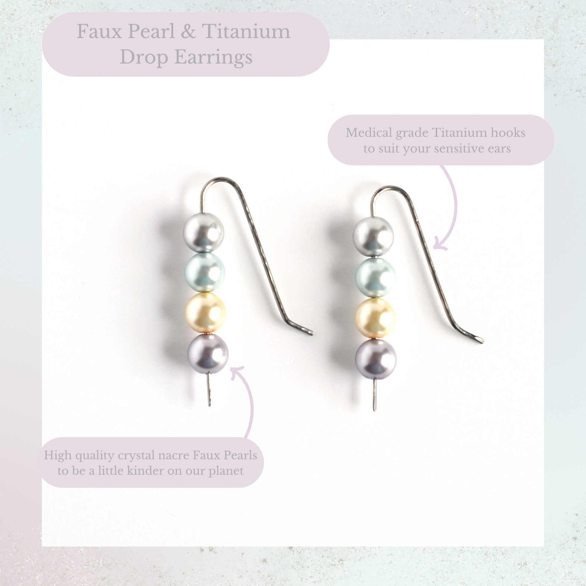 Faux pearl and Titanium drop earrings product information graphic