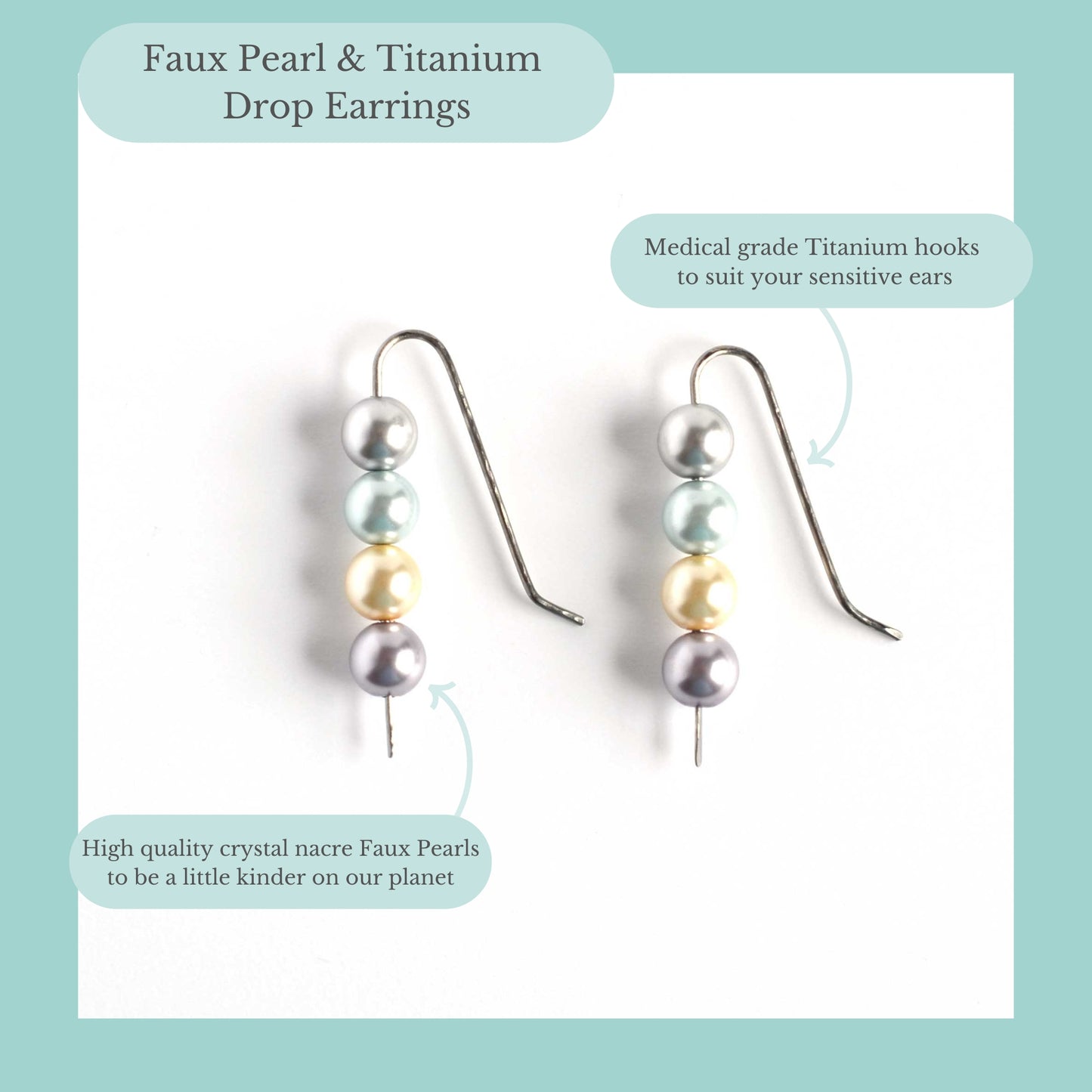 Faux pearl and Titanium drop earrings product information graphic