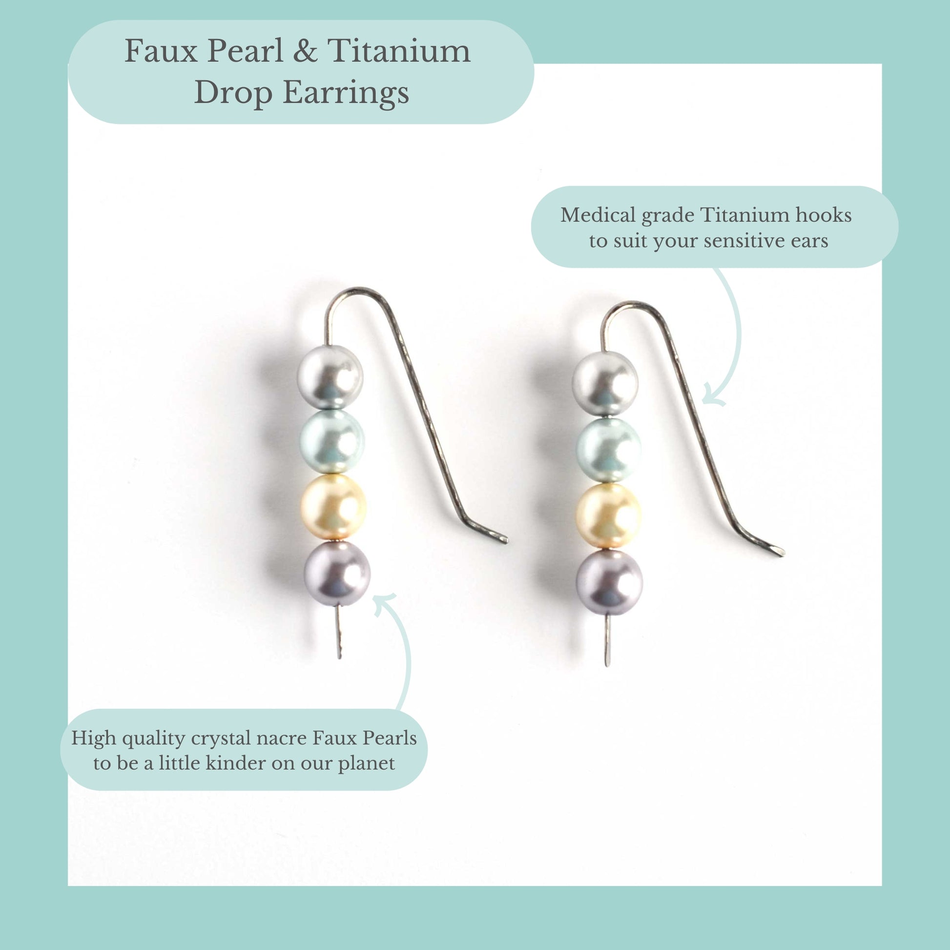 Faux pearl and Titanium drop earrings product information graphic