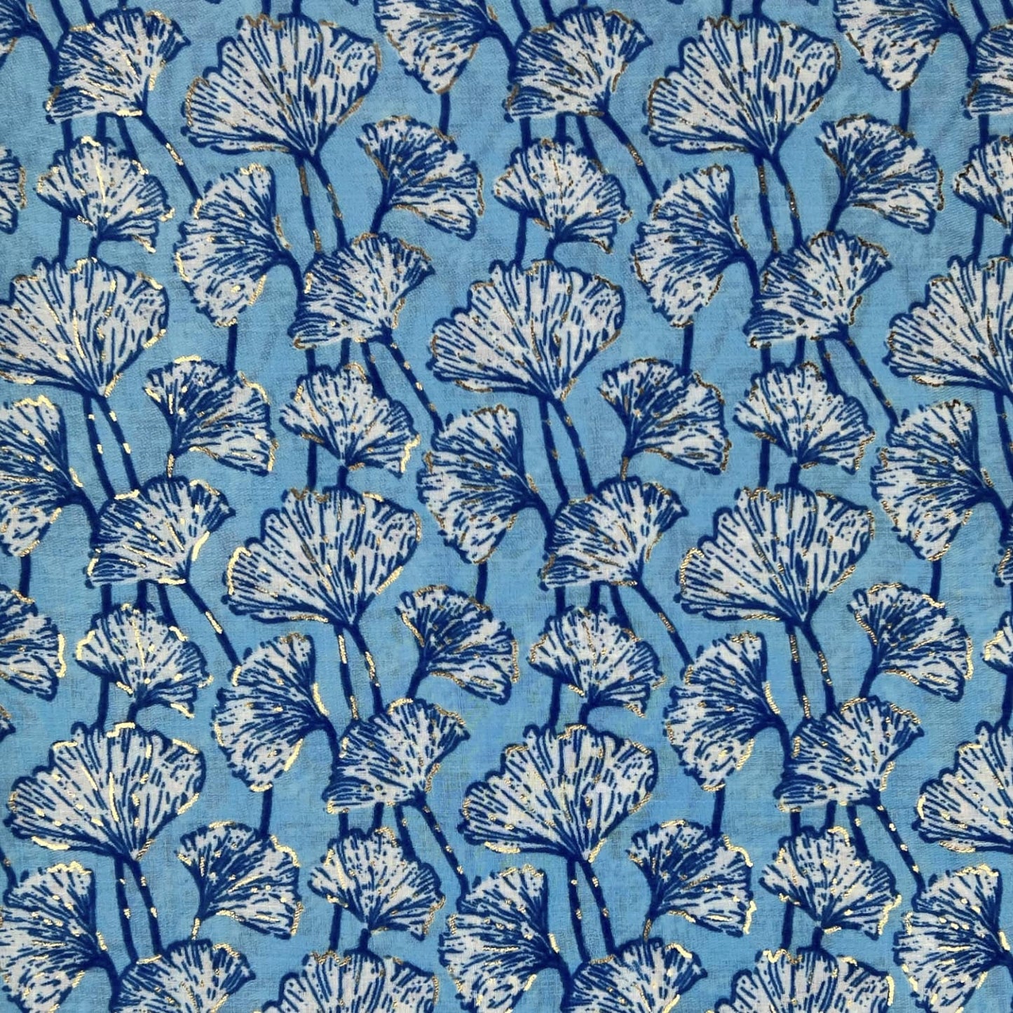 Pattern of blue and white floral designs on a blue background