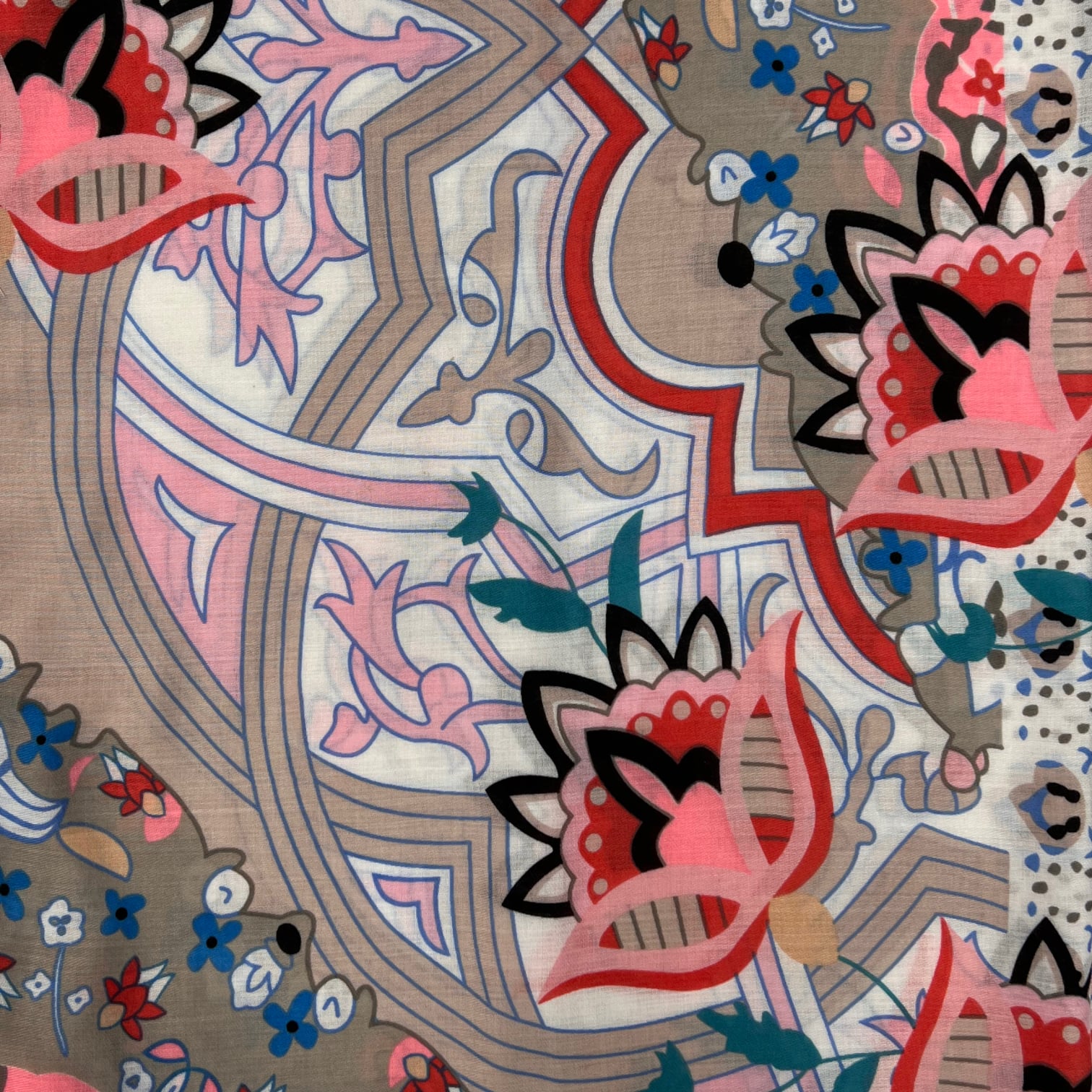 Close-up of a colorful floral and geometric patterned fabric.