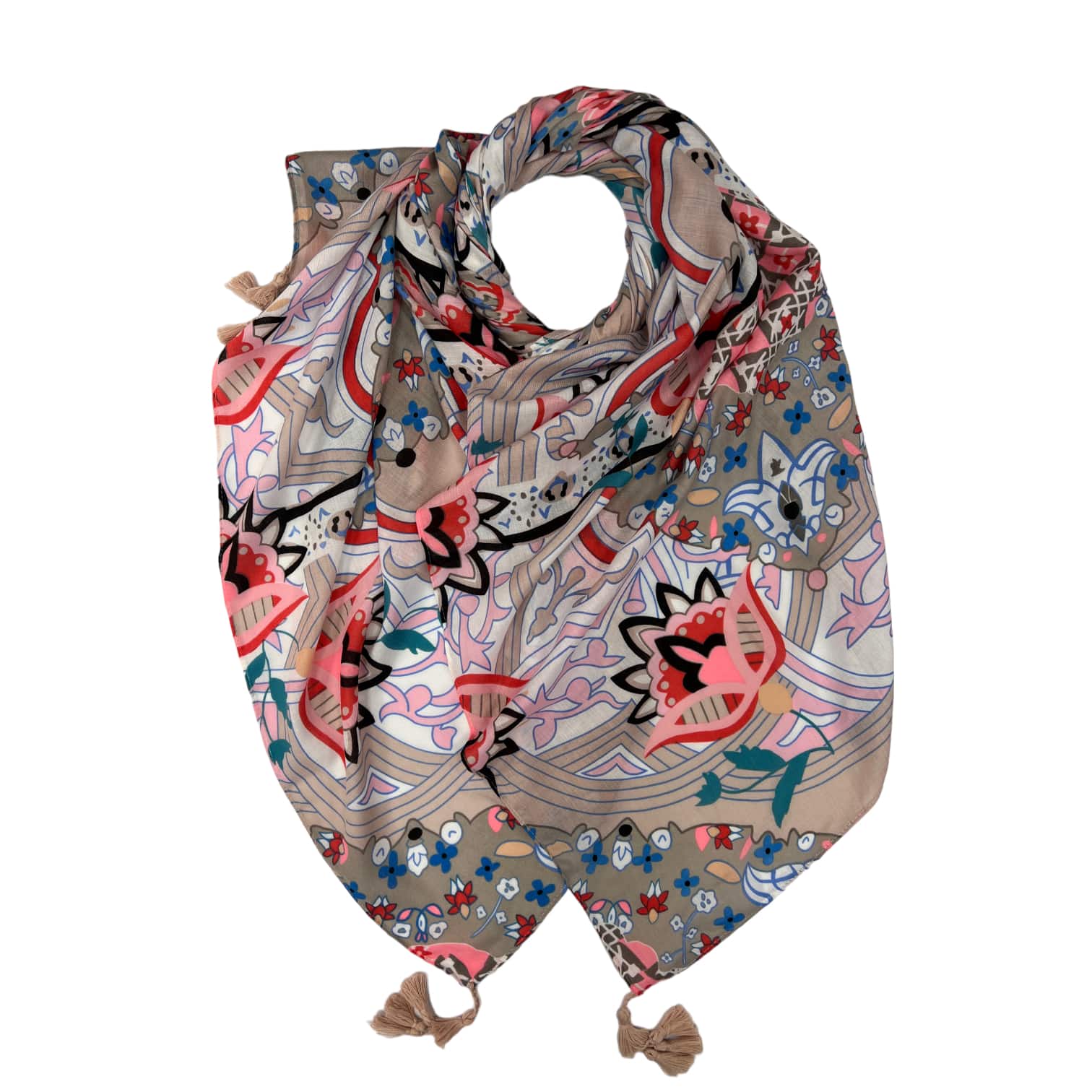 Colorful patterned scarf with tassels on a white background