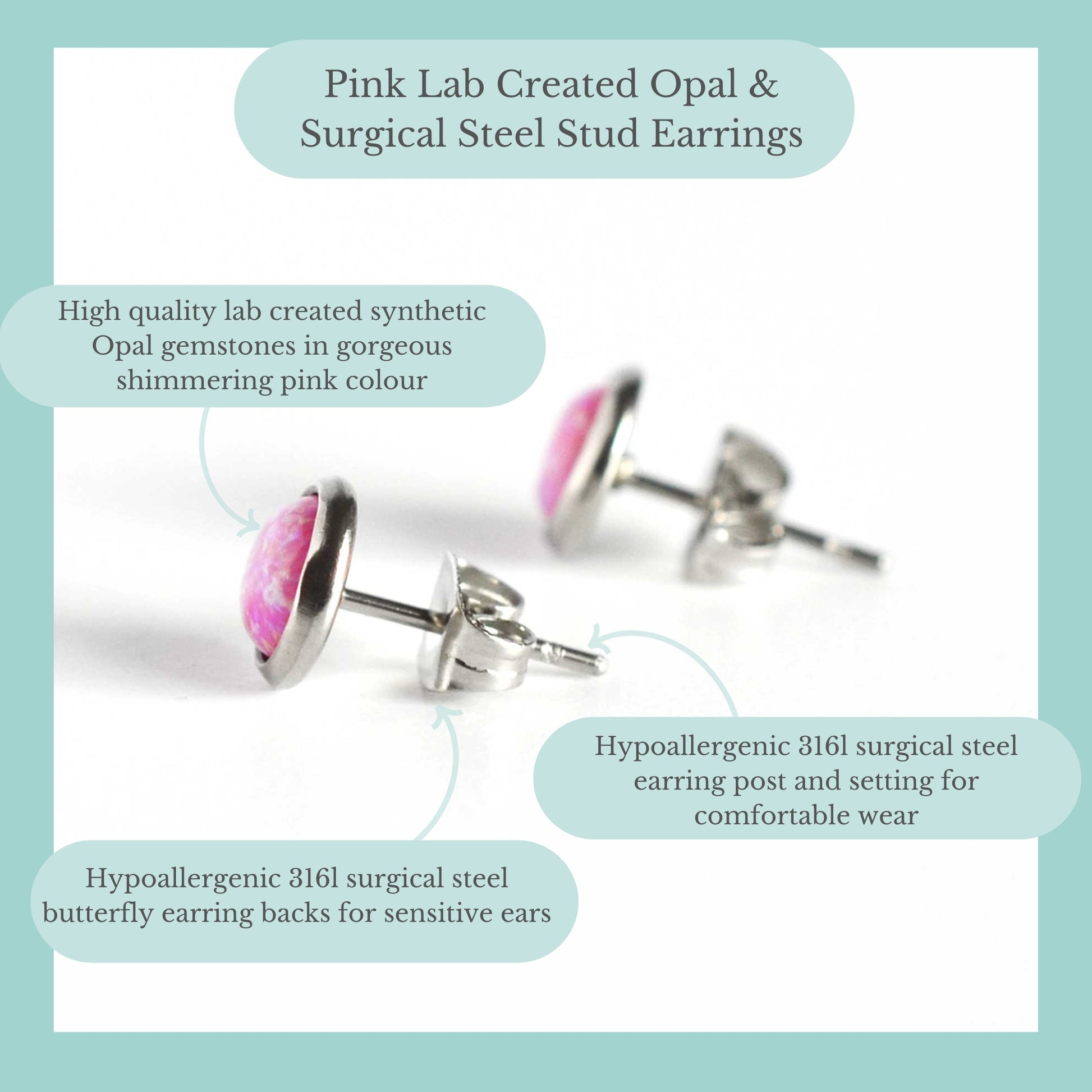 Pink Lab Created Opal & Surgical Steel Stud Earrings Product Information Graphic