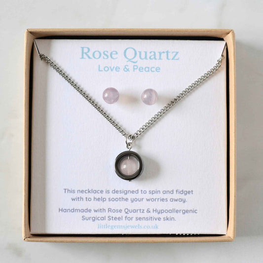 Rose Quartz Fidget Spinner Necklace & Stud Earrings Gift Set