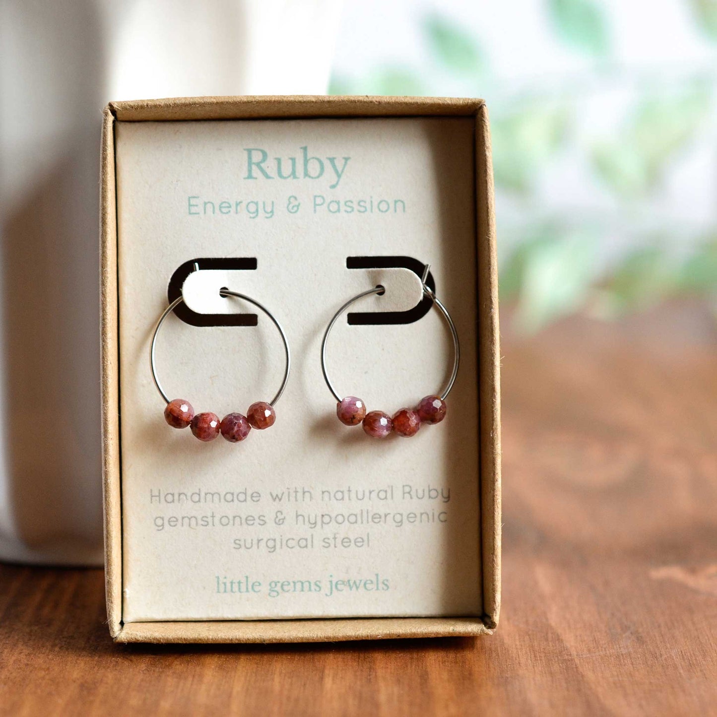 Ruby gemstone hoop earrings in eco friendly gift box