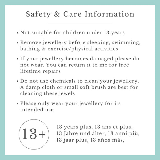 Safety and care information for jewelry on a light blue background