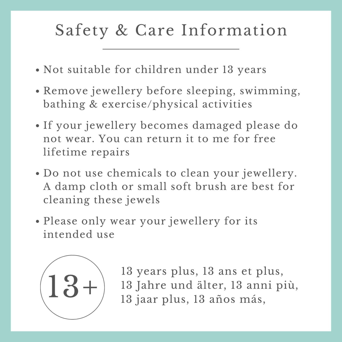 Safety and care information for jewelry on a light blue background