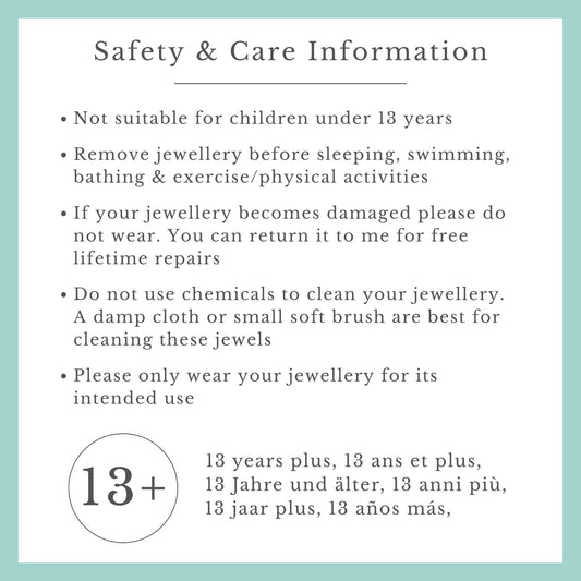 Safety and care information for jewelry on a light blue background
