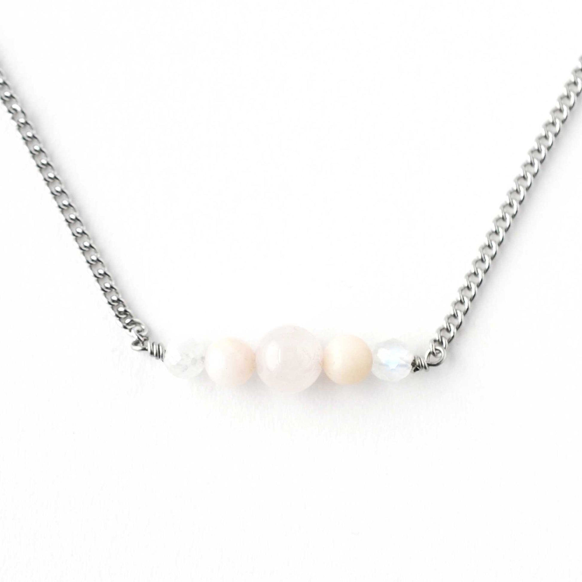 Rose Quartz, Pink Opal & Rainbow Moonstone gemstone bar necklace