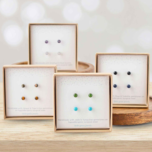 Four different gift sets of two pairs 4mm gemstone stud earrings in gift boxes