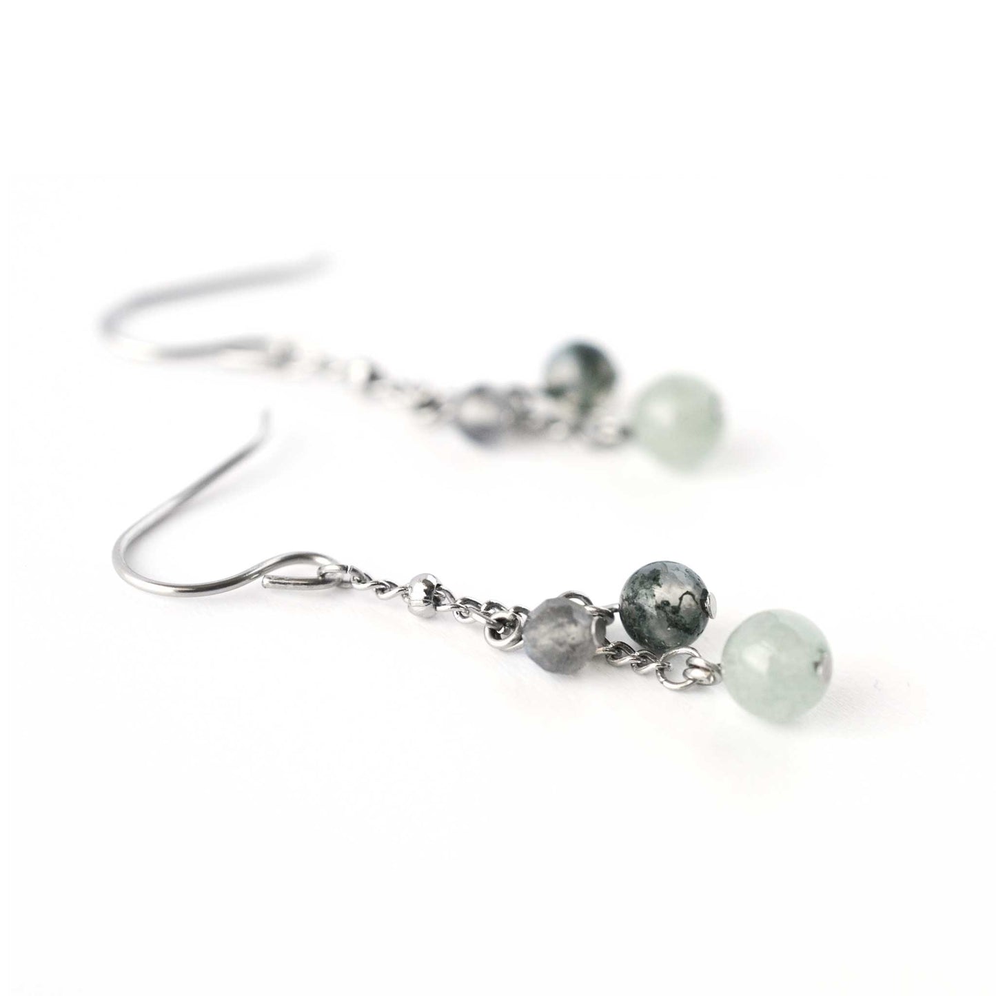 Close up of Green Aventurine, Moss Agate and Labradorite gemstone beads on drop earrings