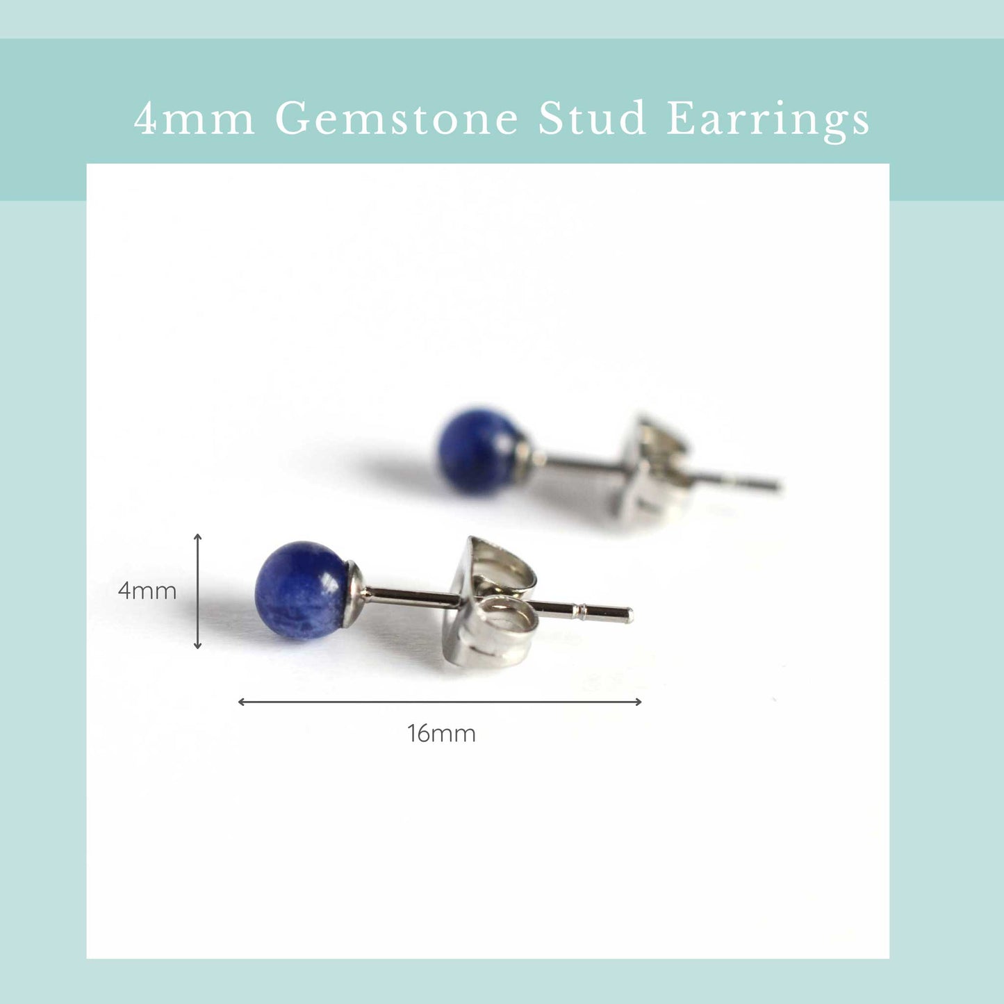 Size graphic for small Sodalite gemstone ball stud earrings, width 4mm, length 16mm.