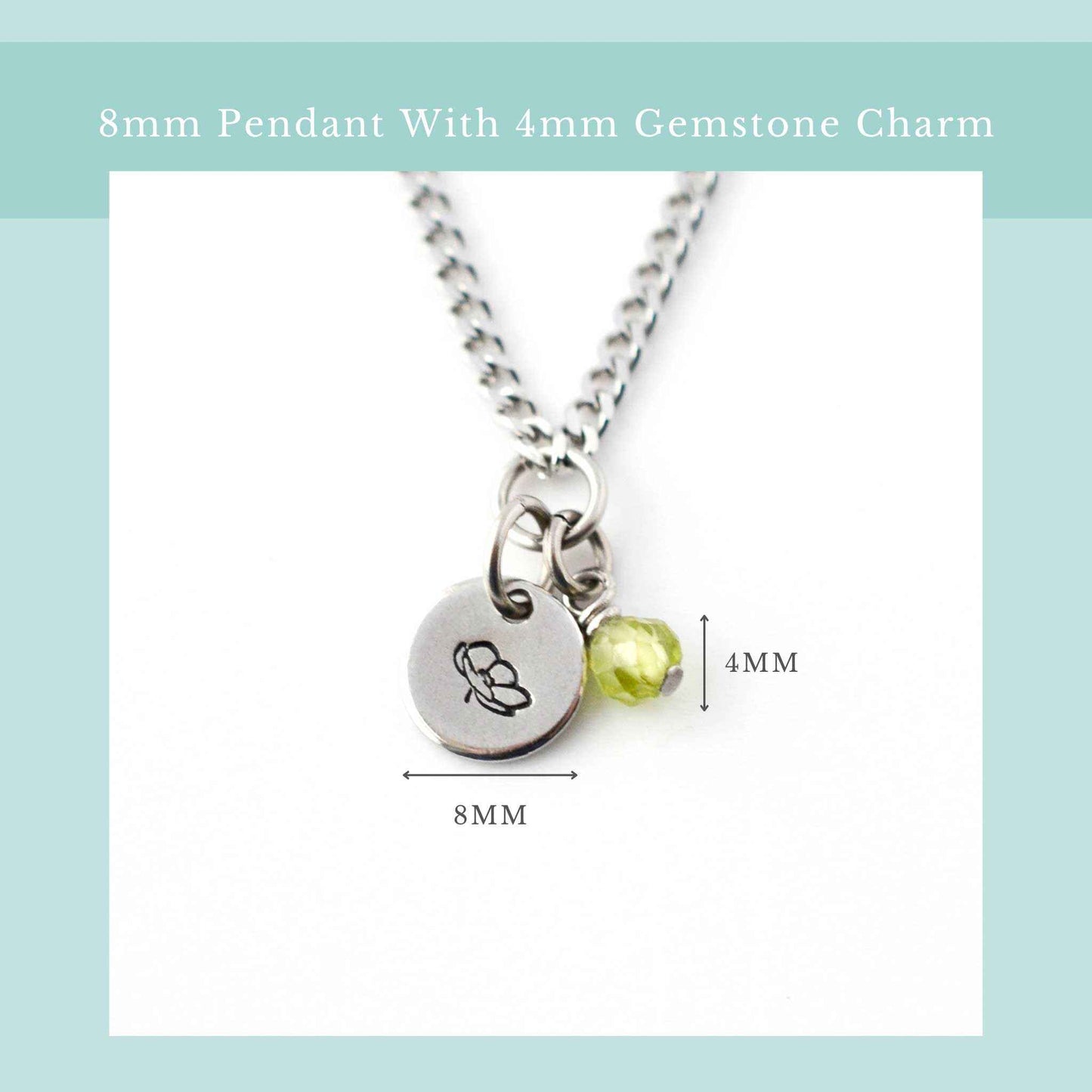 Size guide for dainty birthflower necklace with 8mm stainless steel disc pendant and tiny 4mm gemstone charm