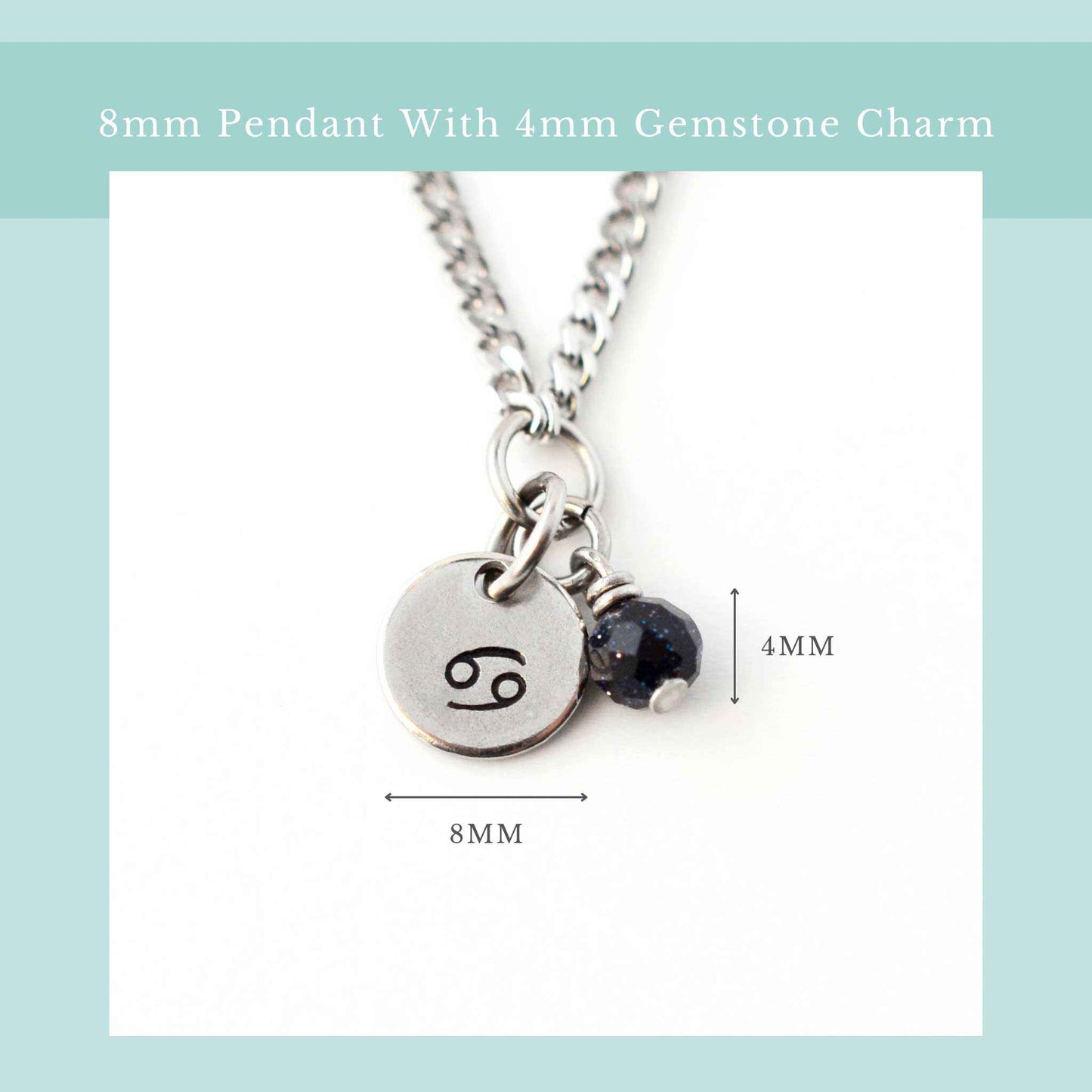 Zodiac necklace size guide graphic showing 8mm wide pendant and 4mm wide gemstone