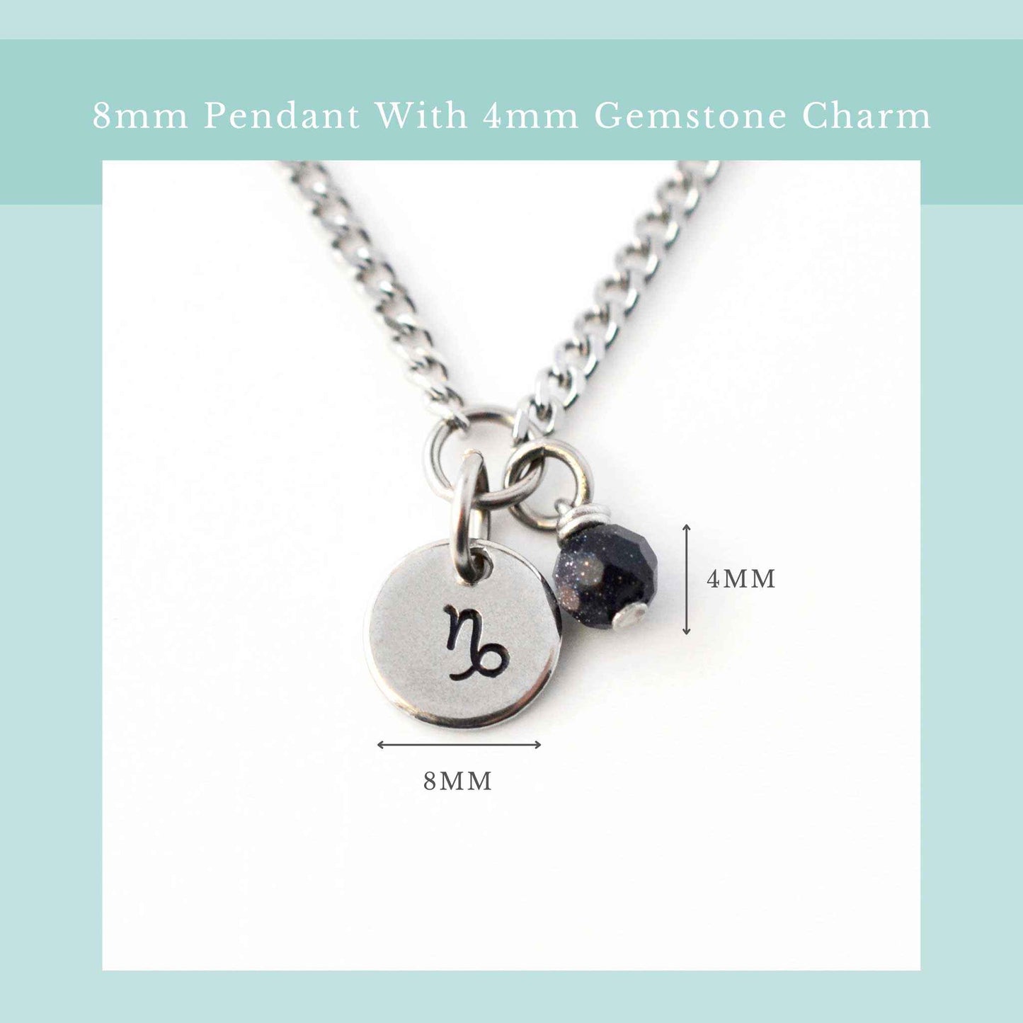 Zodiac necklace size guide graphic showing 8mm wide pendant and 4mm wide gemstone