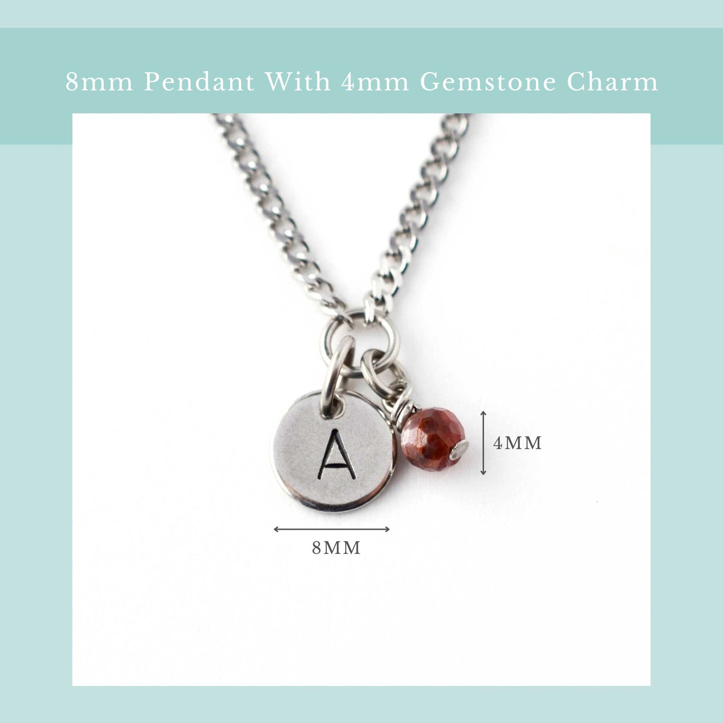 Size guide for initial birthstone necklace with 8mm steel disc pendant and 4mm tiny gemstone charm
