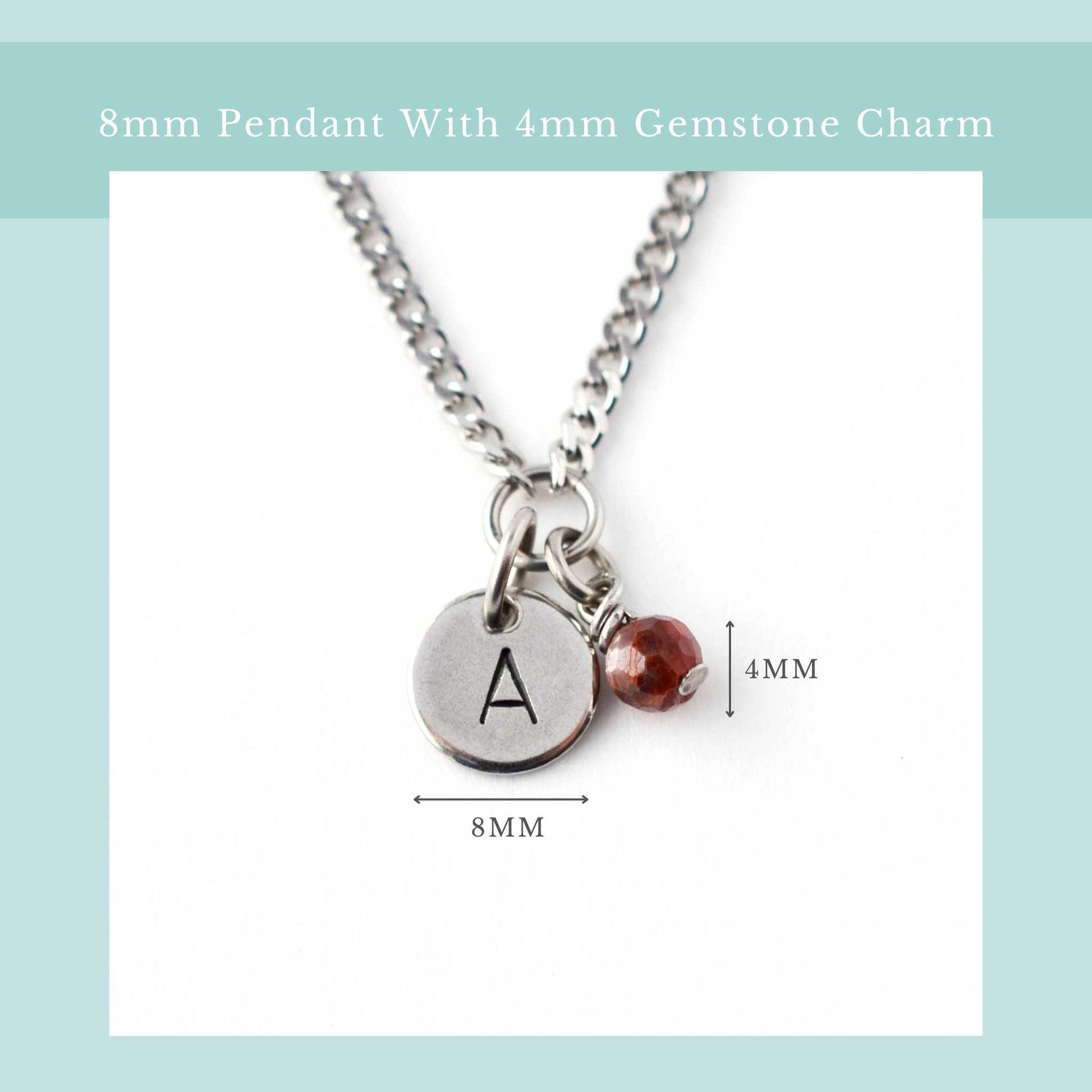 Size guide for initial birthstone necklace with 8mm steel disc pendant and 4mm tiny gemstone charm