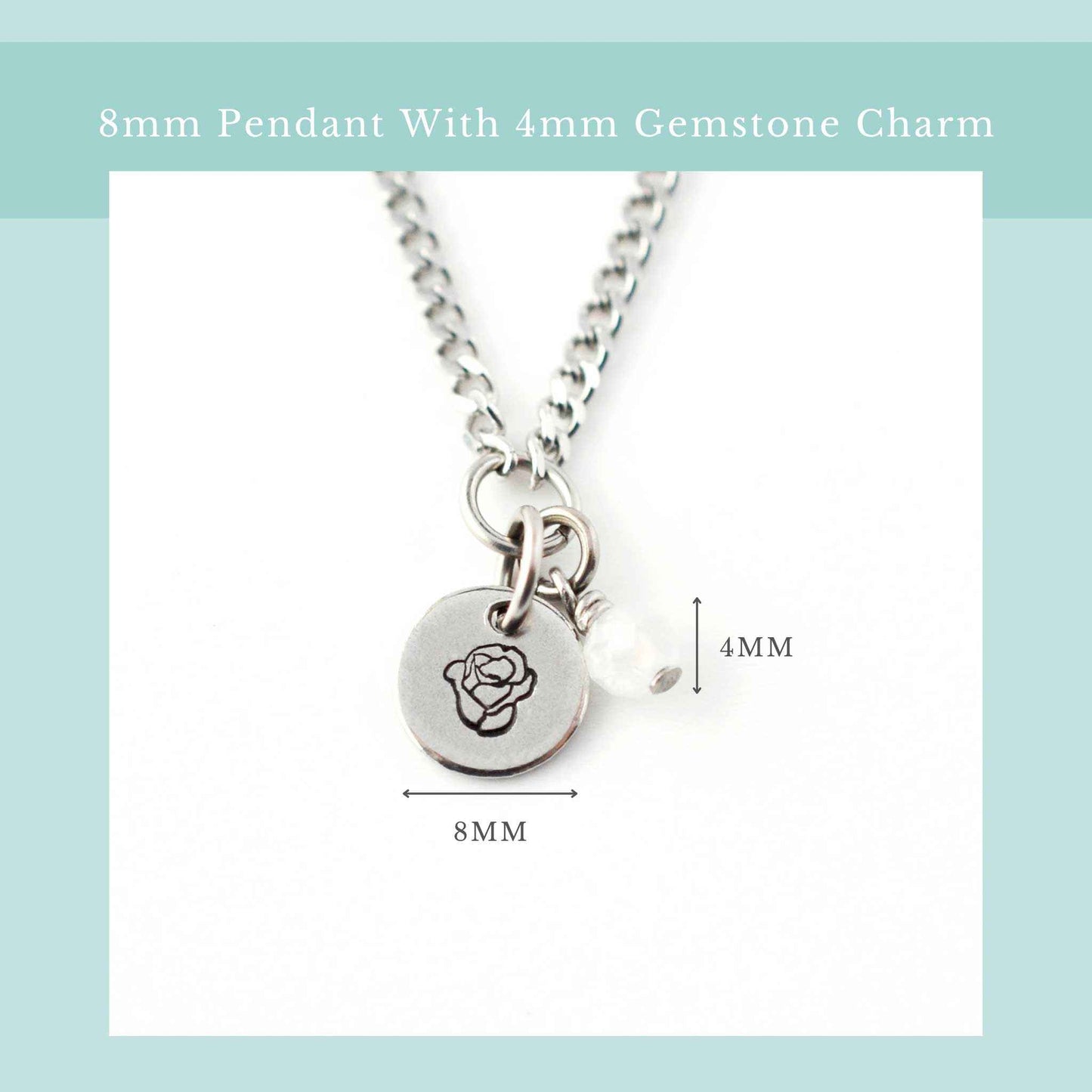 Size guide for dainty birthflower necklace with 8mm stainless steel disc pendant and tiny 4mm gemstone charm