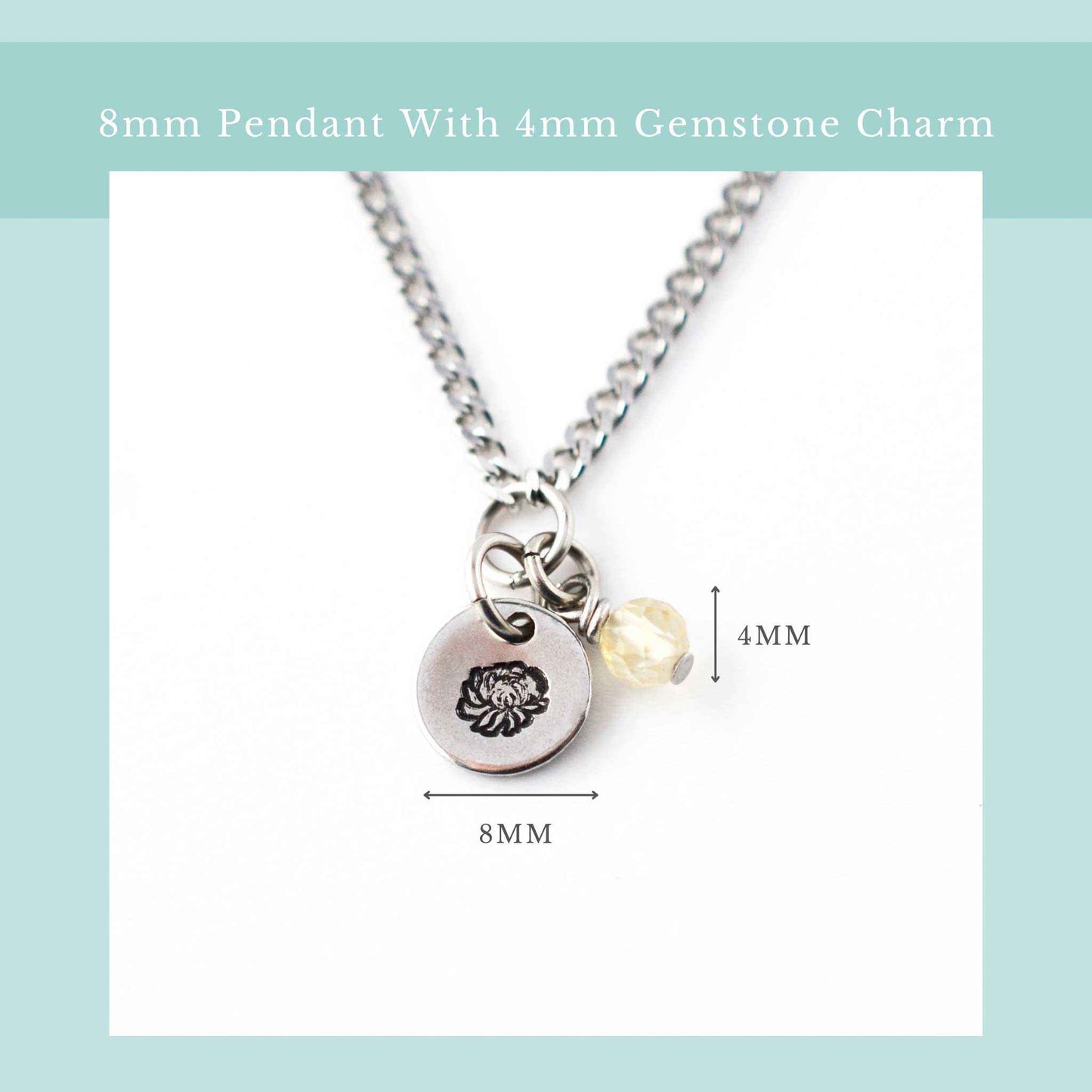 Size guide for dainty birthflower necklace with 8mm stainless steel disc pendant and tiny 4mm gemstone charm