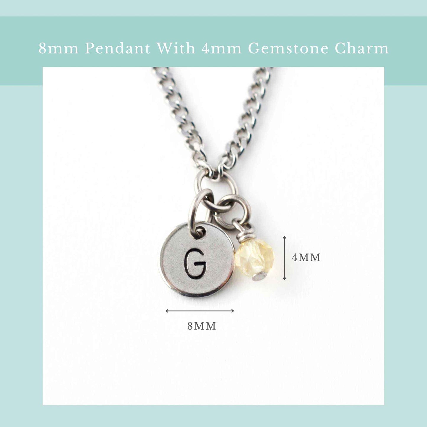 Size guide for initial birthstone necklace with 8mm steel disc pendant and 4mm tiny gemstone charm