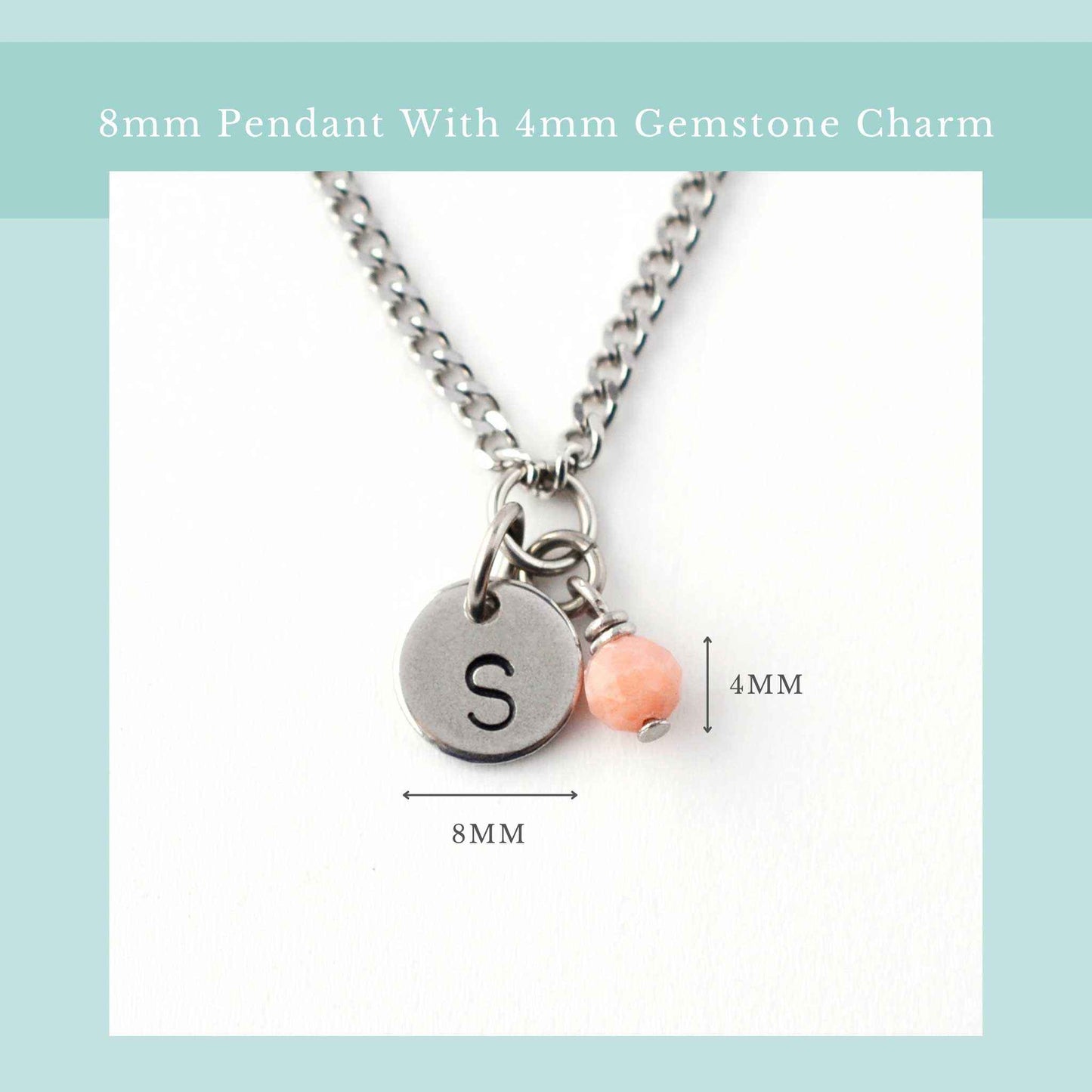 Size guide for initial birthstone necklace with 8mm steel disc pendant and 4mm tiny gemstone charm