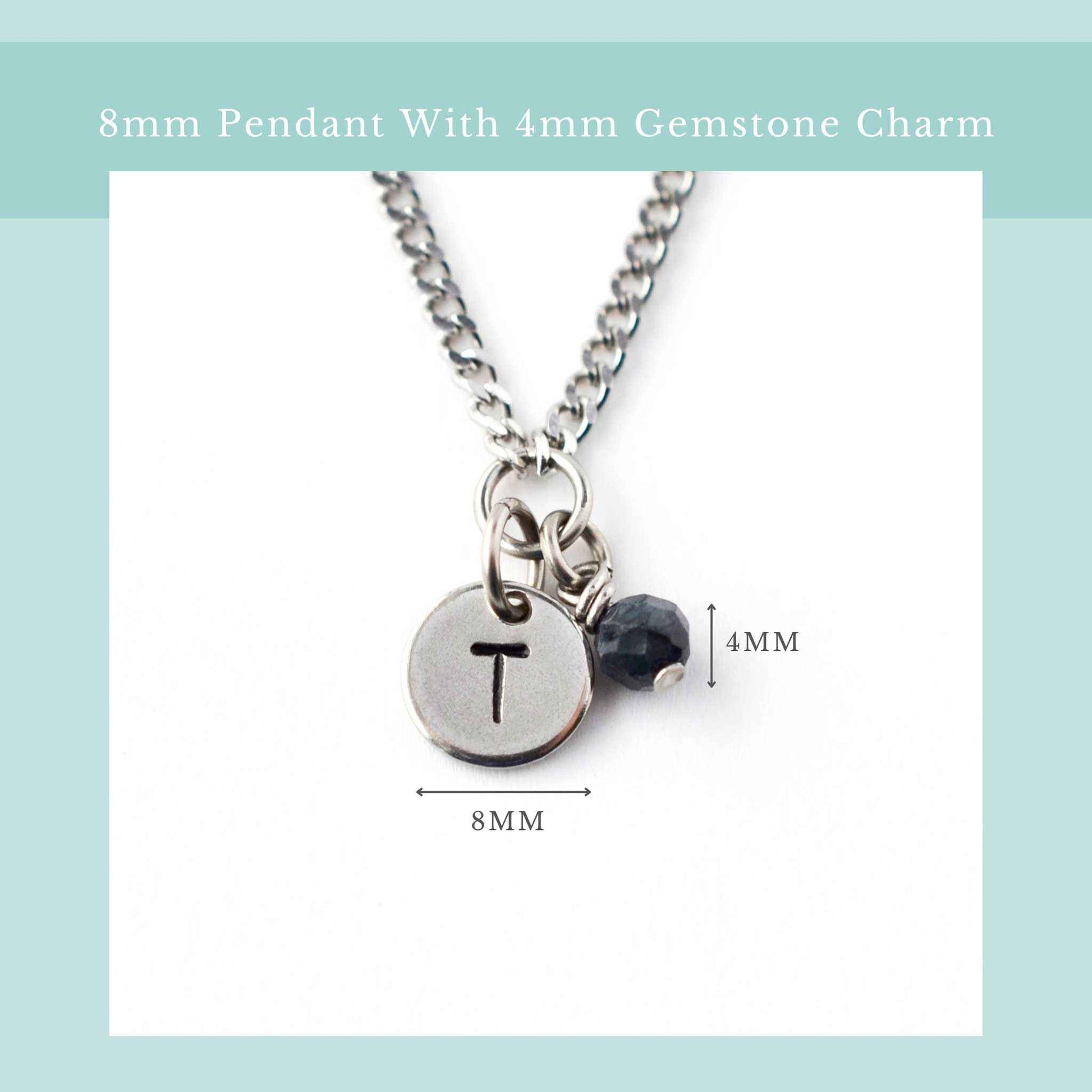 Size guide for initial birthstone necklace with 8mm steel disc pendant and 4mm tiny gemstone charm