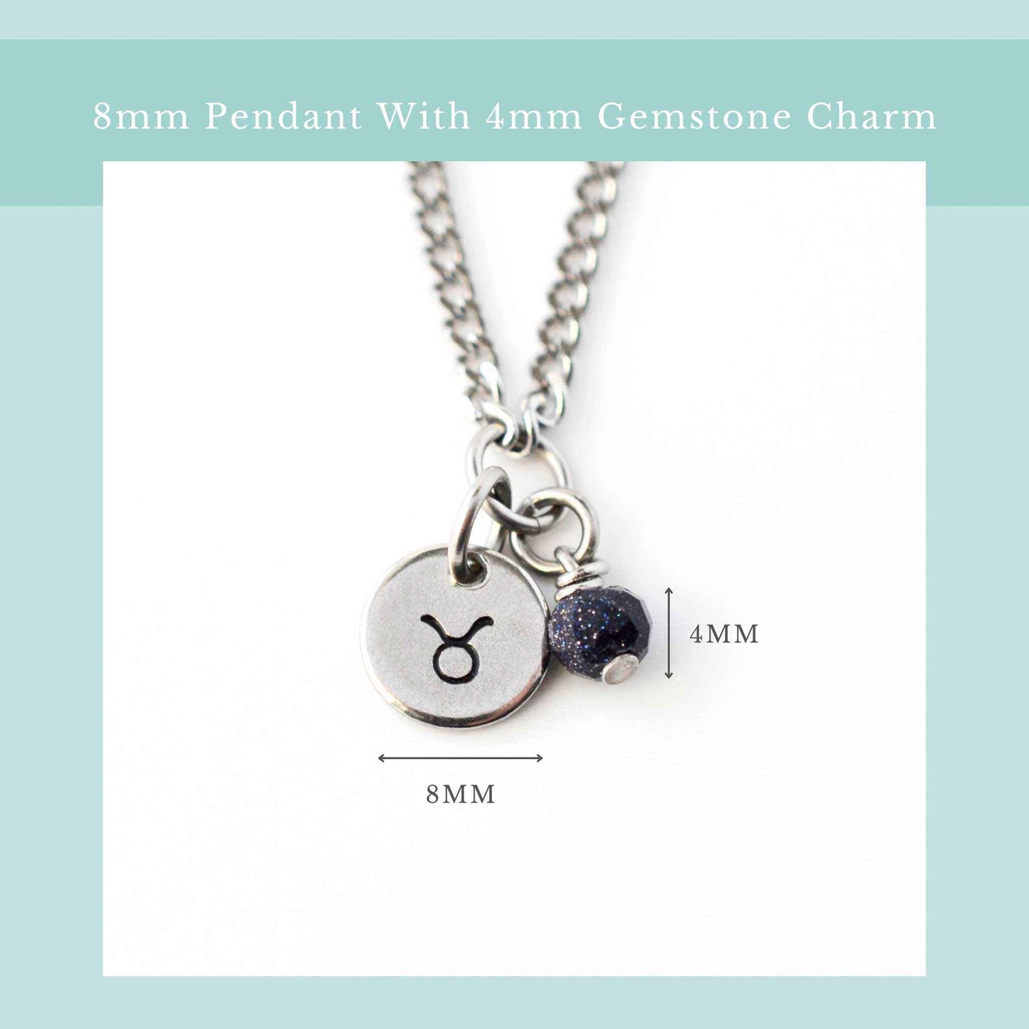 Zodiac necklace size guide graphic showing 8mm wide pendant and 4mm wide gemstone