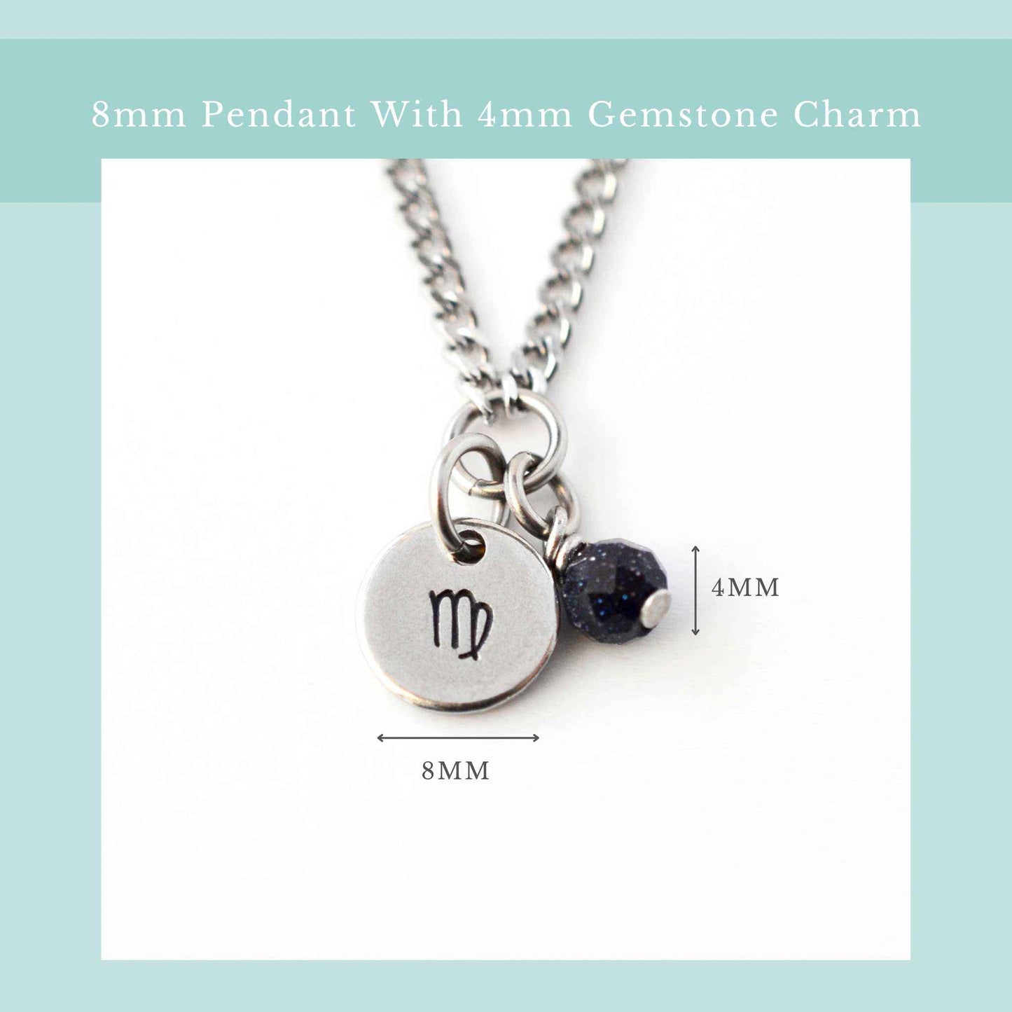 Zodiac necklace size guide graphic showing 8mm wide pendant and 4mm wide gemstone