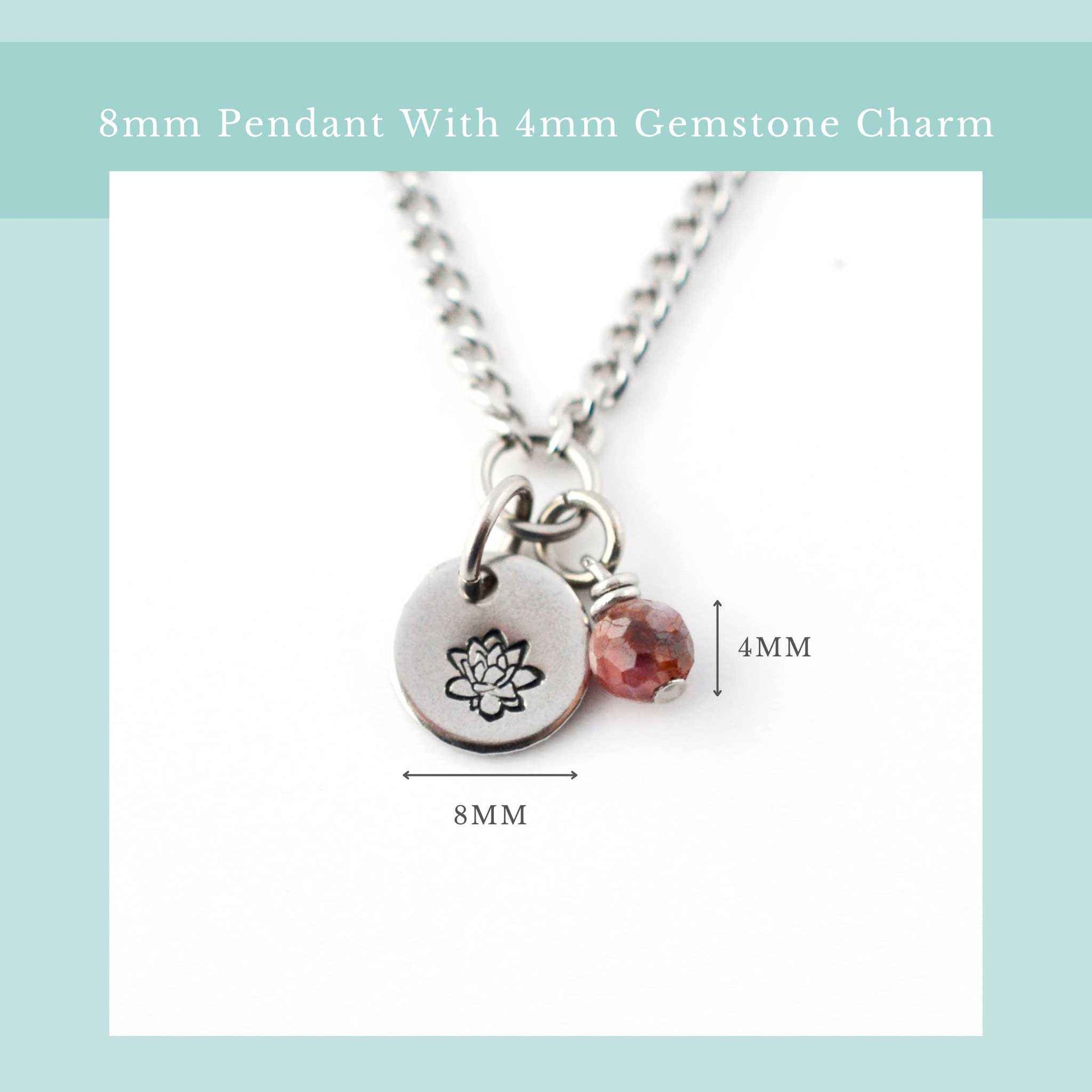 Size guide for dainty birthflower necklace with 8mm stainless steel disc pendant and tiny 4mm gemstone charm
