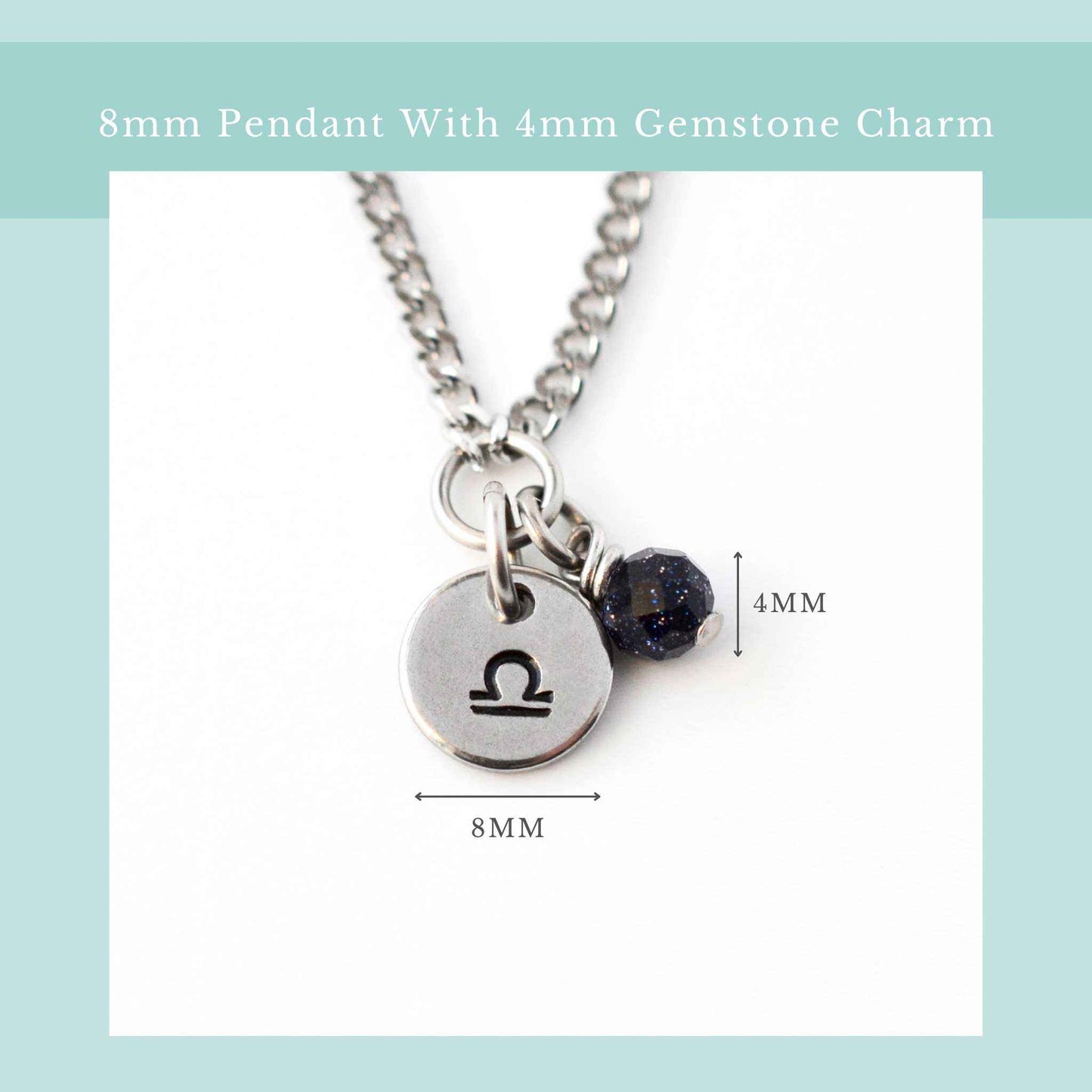 Zodiac necklace size guide graphic showing 8mm wide pendant and 4mm wide gemstone