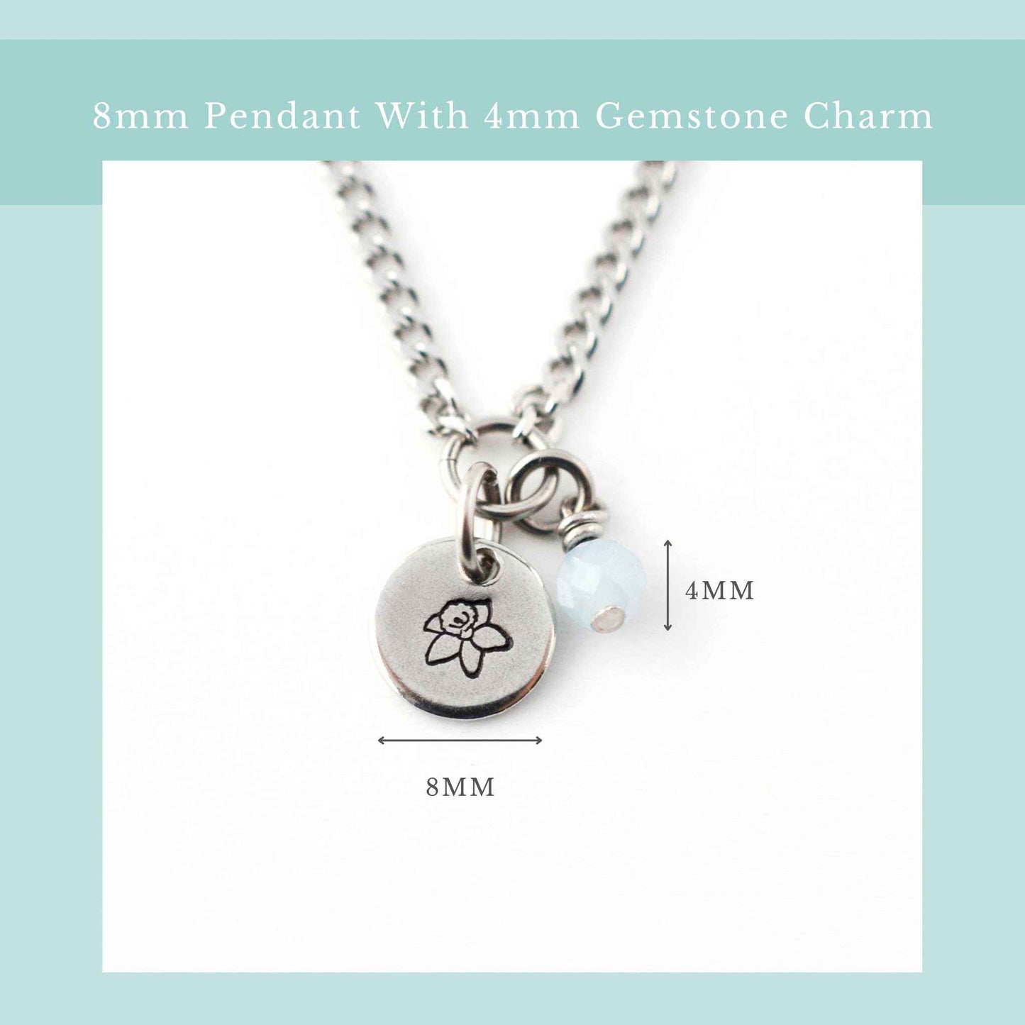 Size guide for dainty birthflower necklace with 8mm stainless steel disc pendant and tiny 4mm gemstone charm