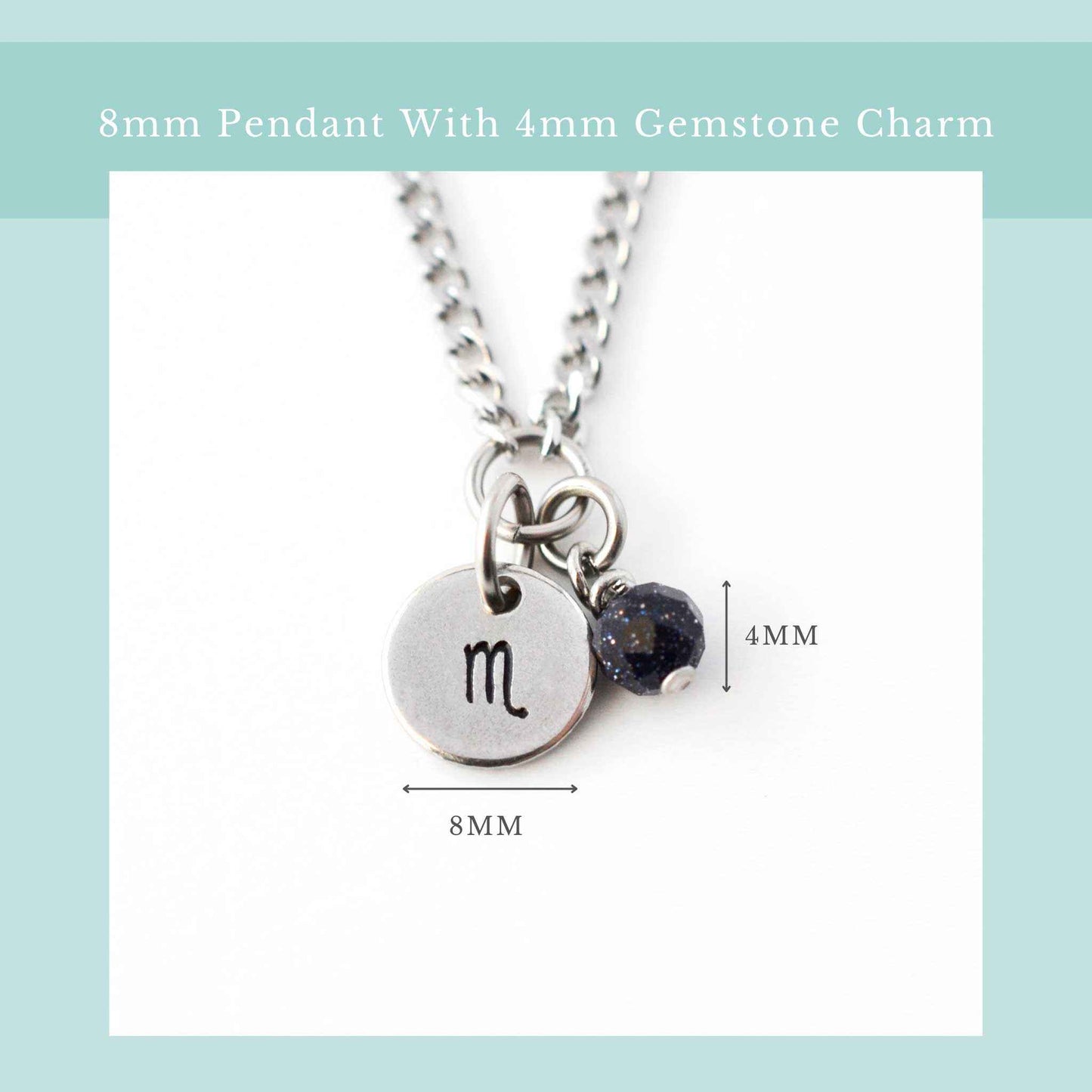 Zodiac necklace size guide graphic showing 8mm wide pendant and 4mm wide gemstone