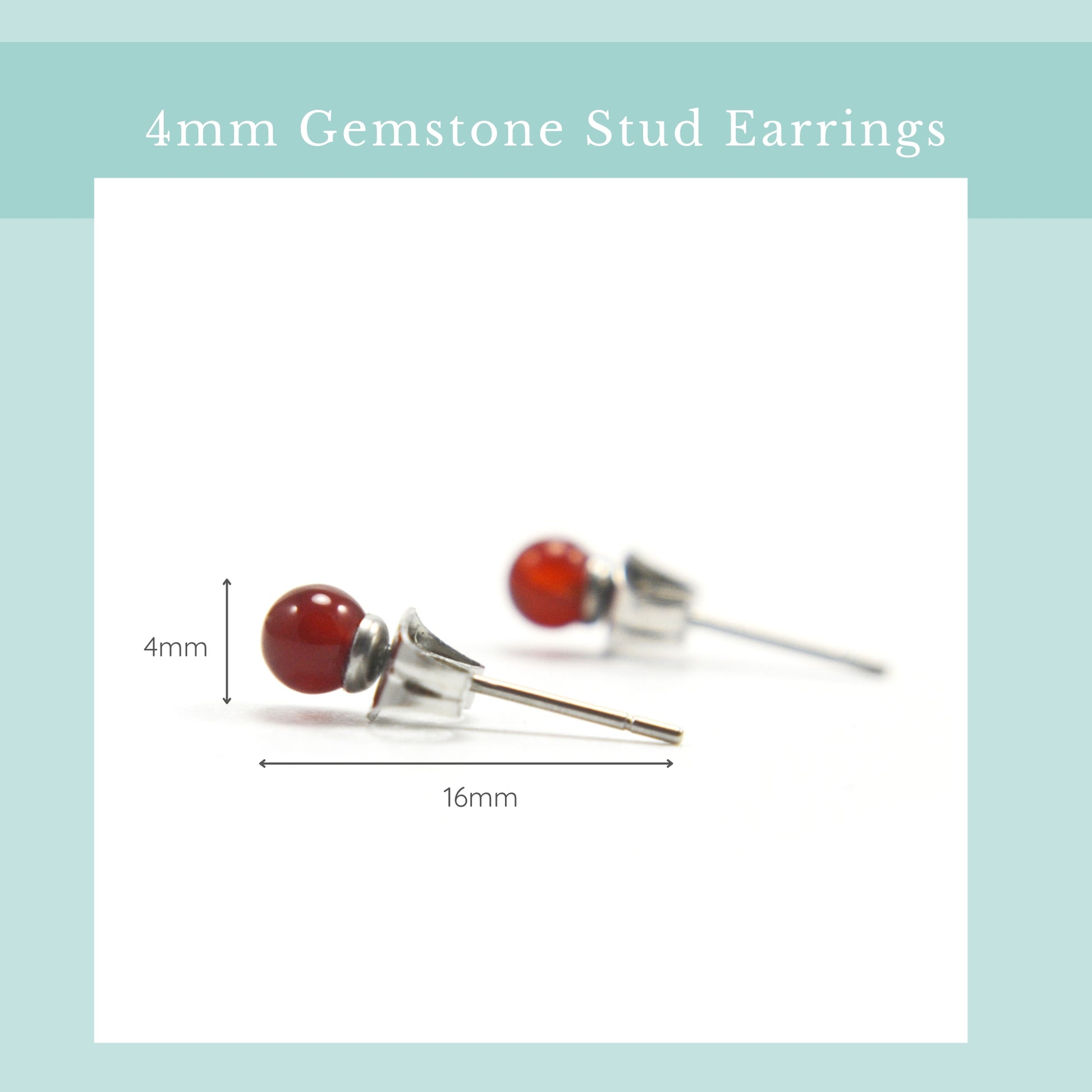Size guide 4mm Carnelian gemstone stud earrings. Length 16mm, width 4mm.