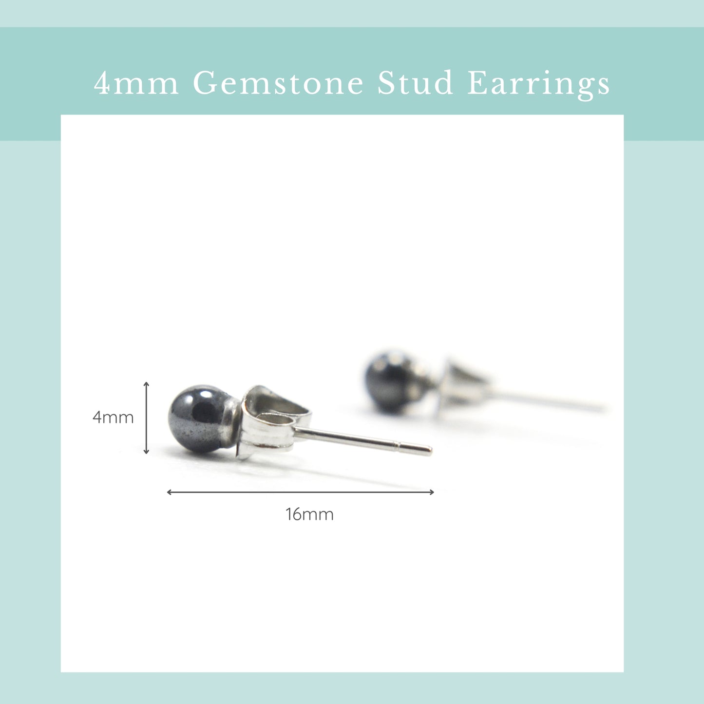Size guide 4mm Hematite stud earrings. Length 16mm, width 4mm.