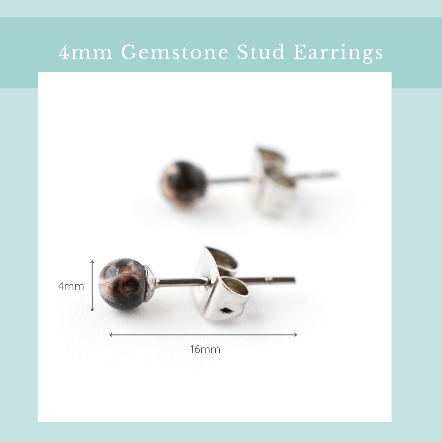 Size guide 4mm Leopardskin Jasper stud earrings. Length 16mm, width 4mm.