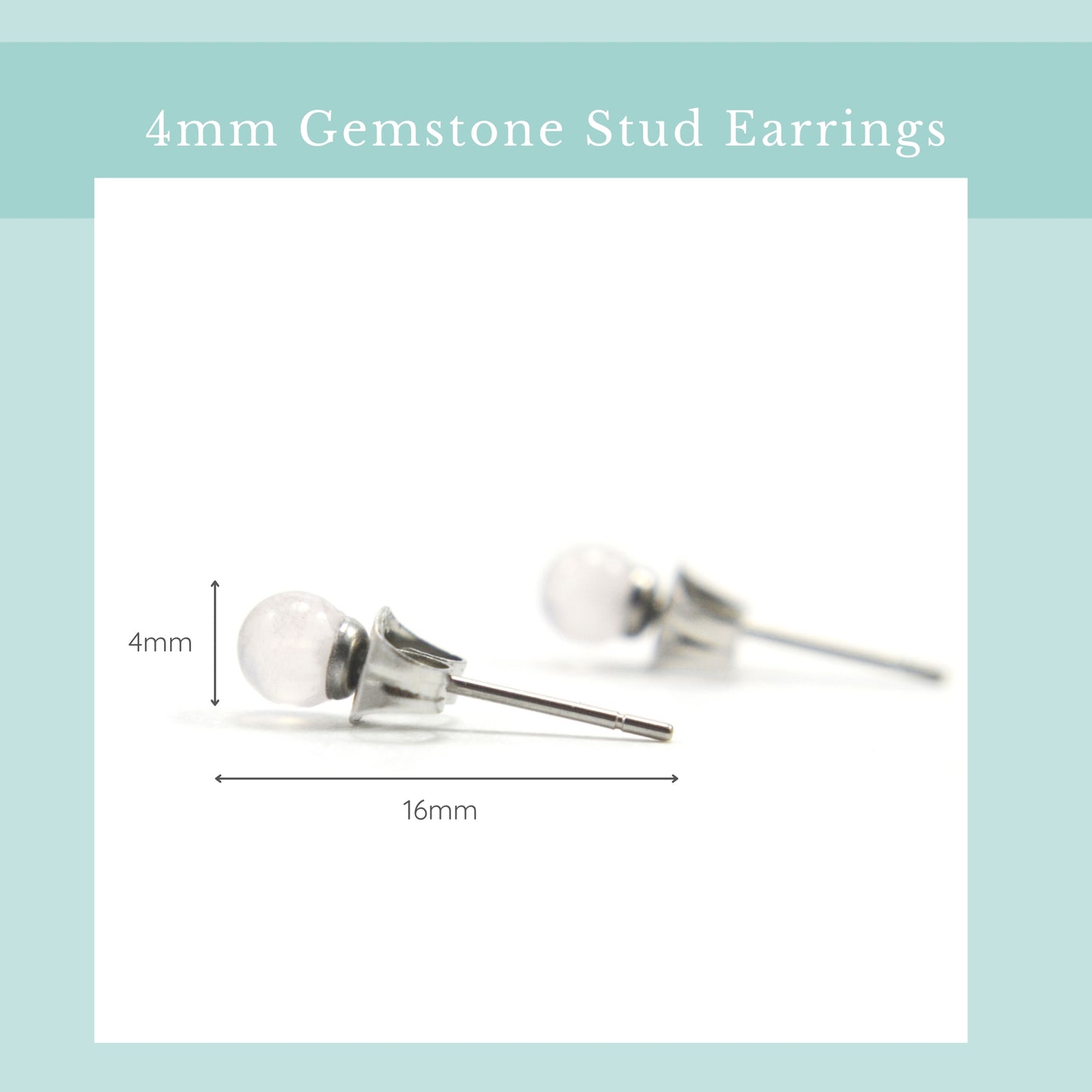 Size guide 4mm Rose Quartz stud earrings. Length 16mm, width 4mm.