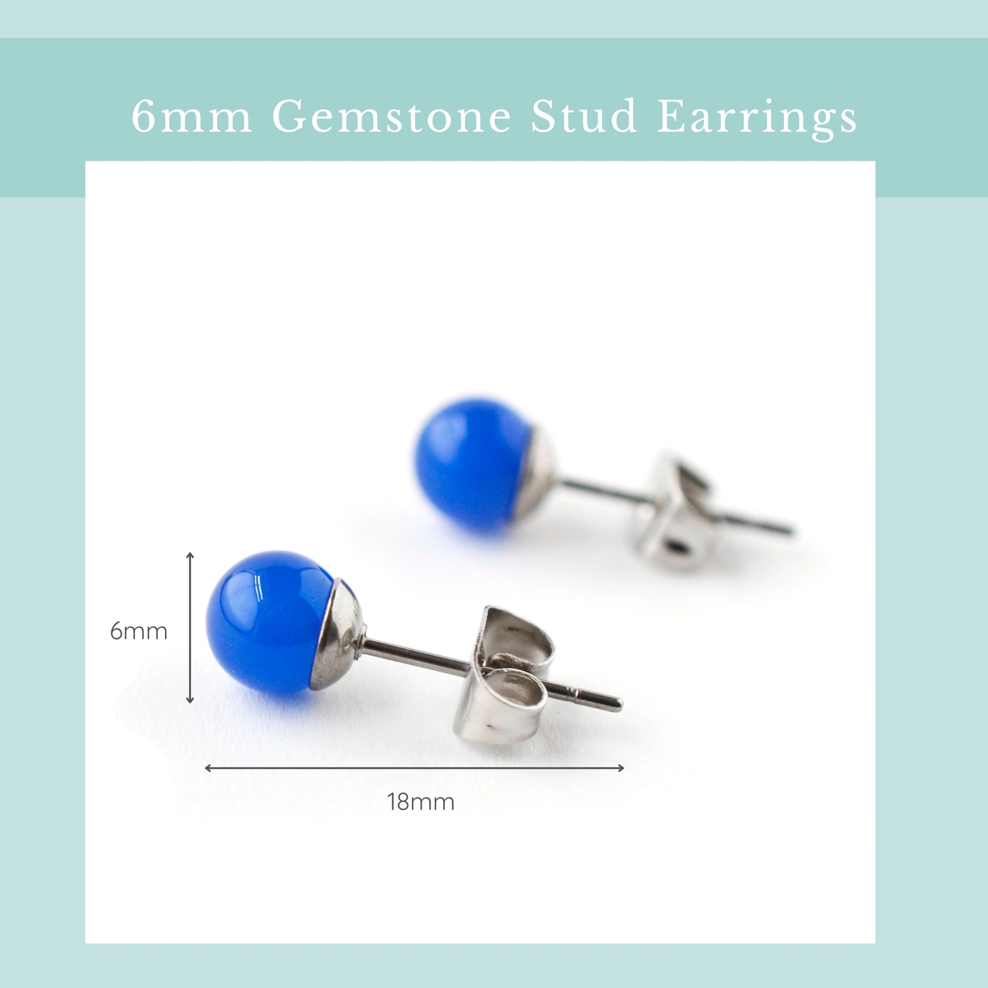 Size guide 6mm Blue Onyx stud earrings. Length 18mm, width 6mm.
