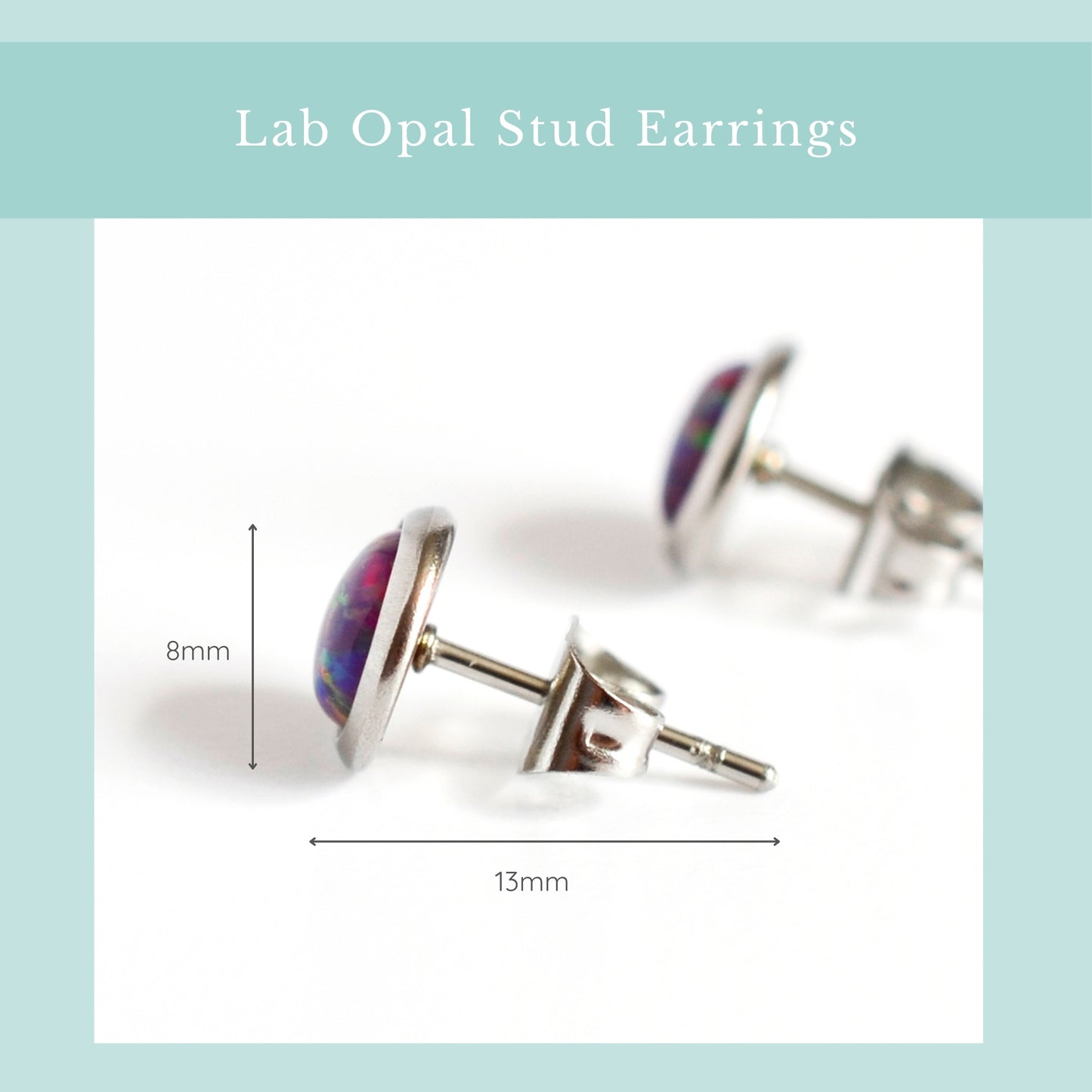 Size guide purple lab Opal studs. Width 8mm, lenth 13mm.