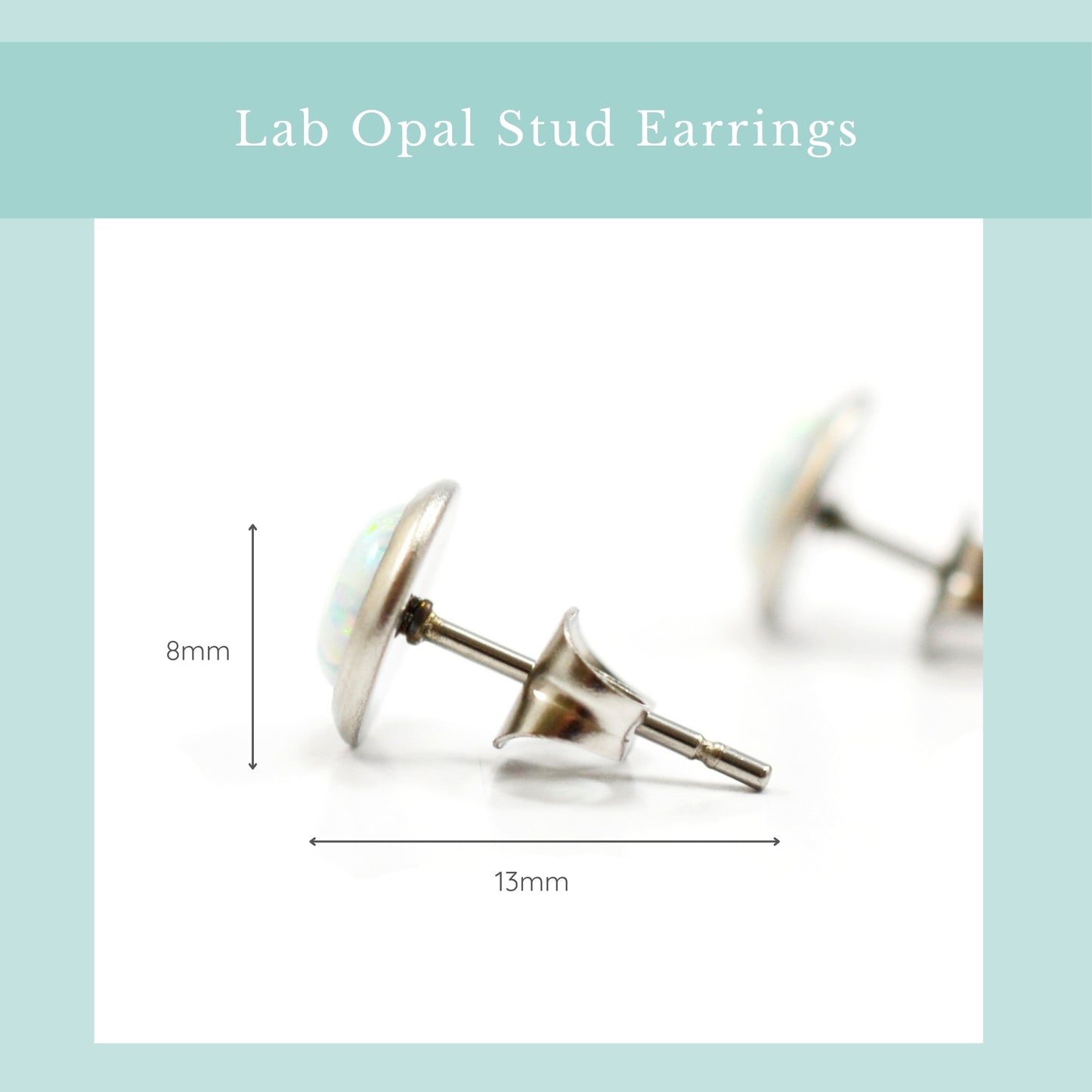 Size guide white lab Opal studs. Width 8mm, length 13mm.