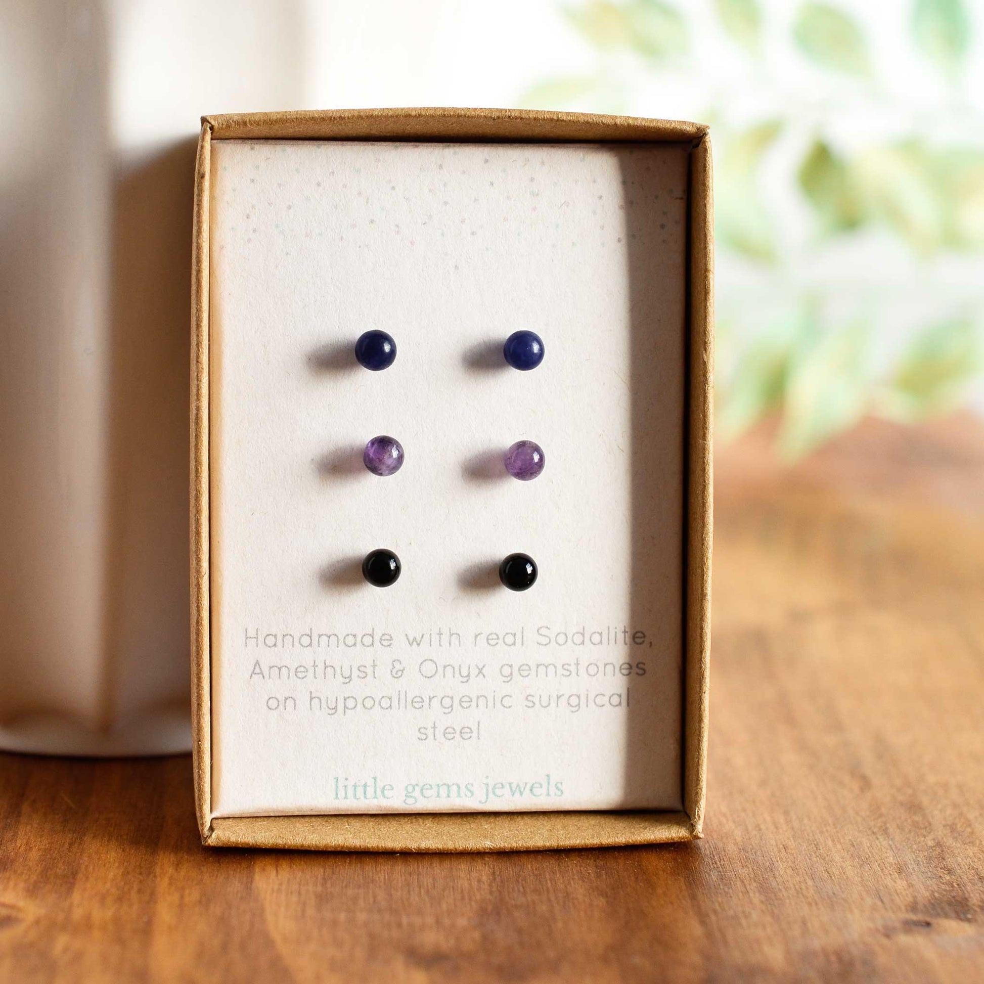 Sodalite, Amethyst & Onyx gemstone stud earring set in eco friendly gift box