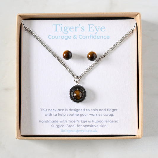 Matching Tiger's Eye spinner necklace and gemstone stud earrings set in eco friendly gift box.