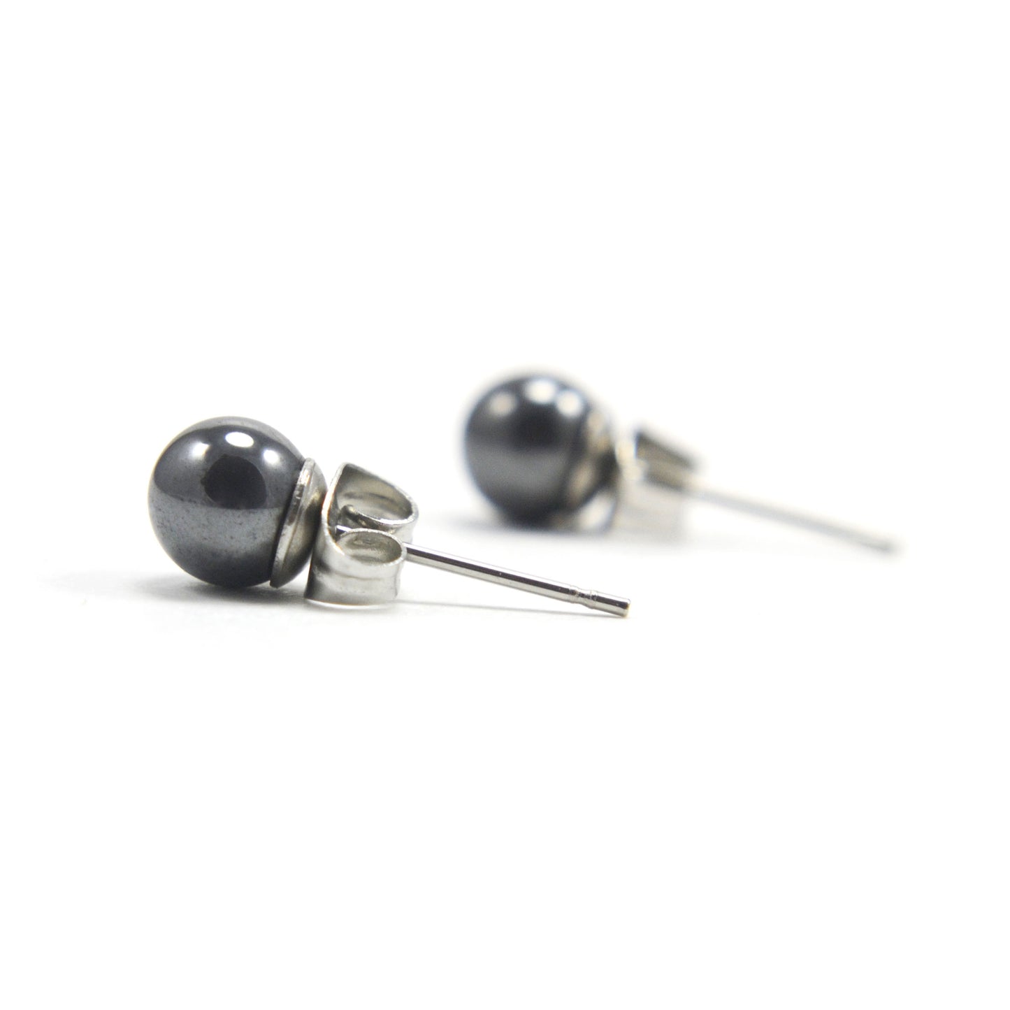 6mm Hematite ball earrings on white background