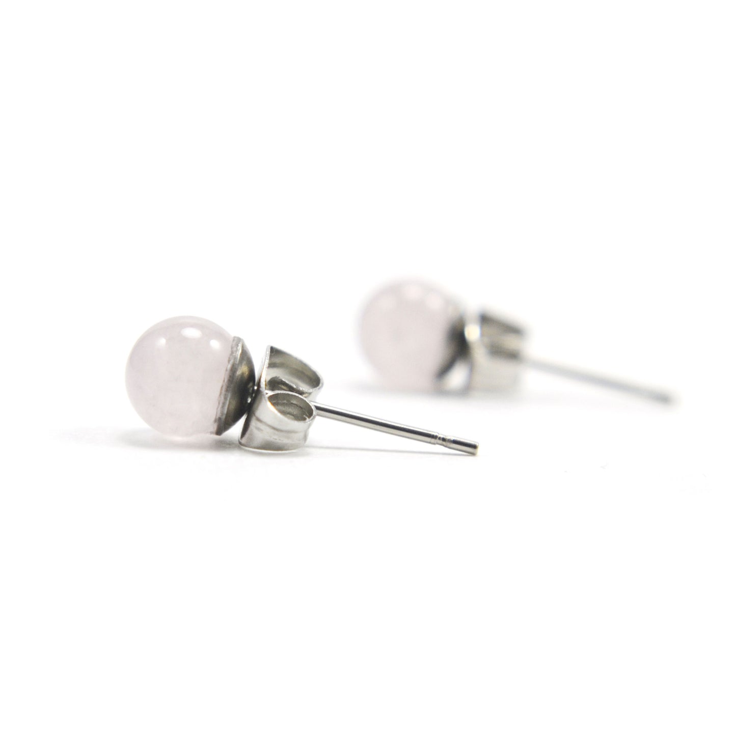 Side view Rose Quartz gemstone ball stud earrings.