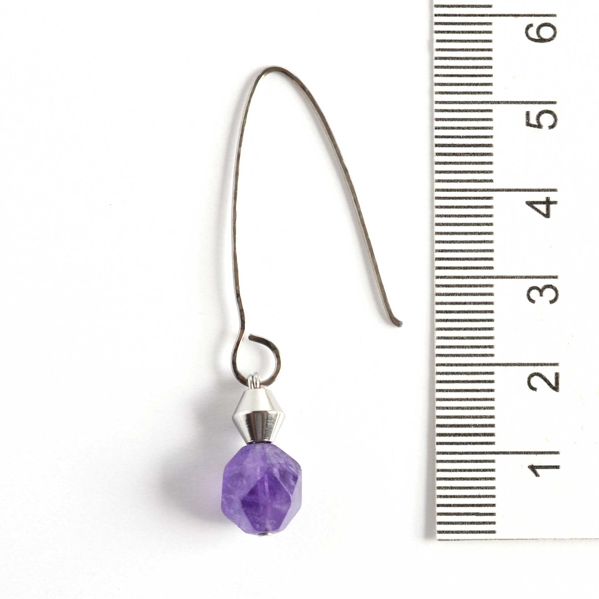 52mm long Amethyst drop earrings next to ruler.